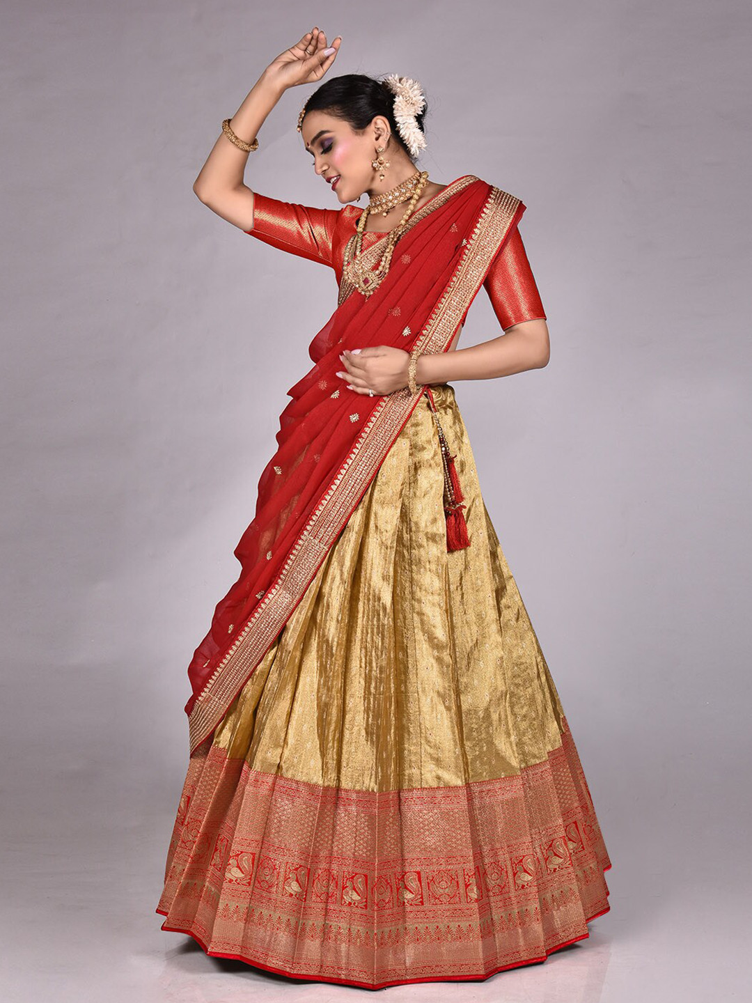 

HALFSAREE STUDIO Semi-Stitched Lehenga & Unstitched Blouse With Dupatta, Red