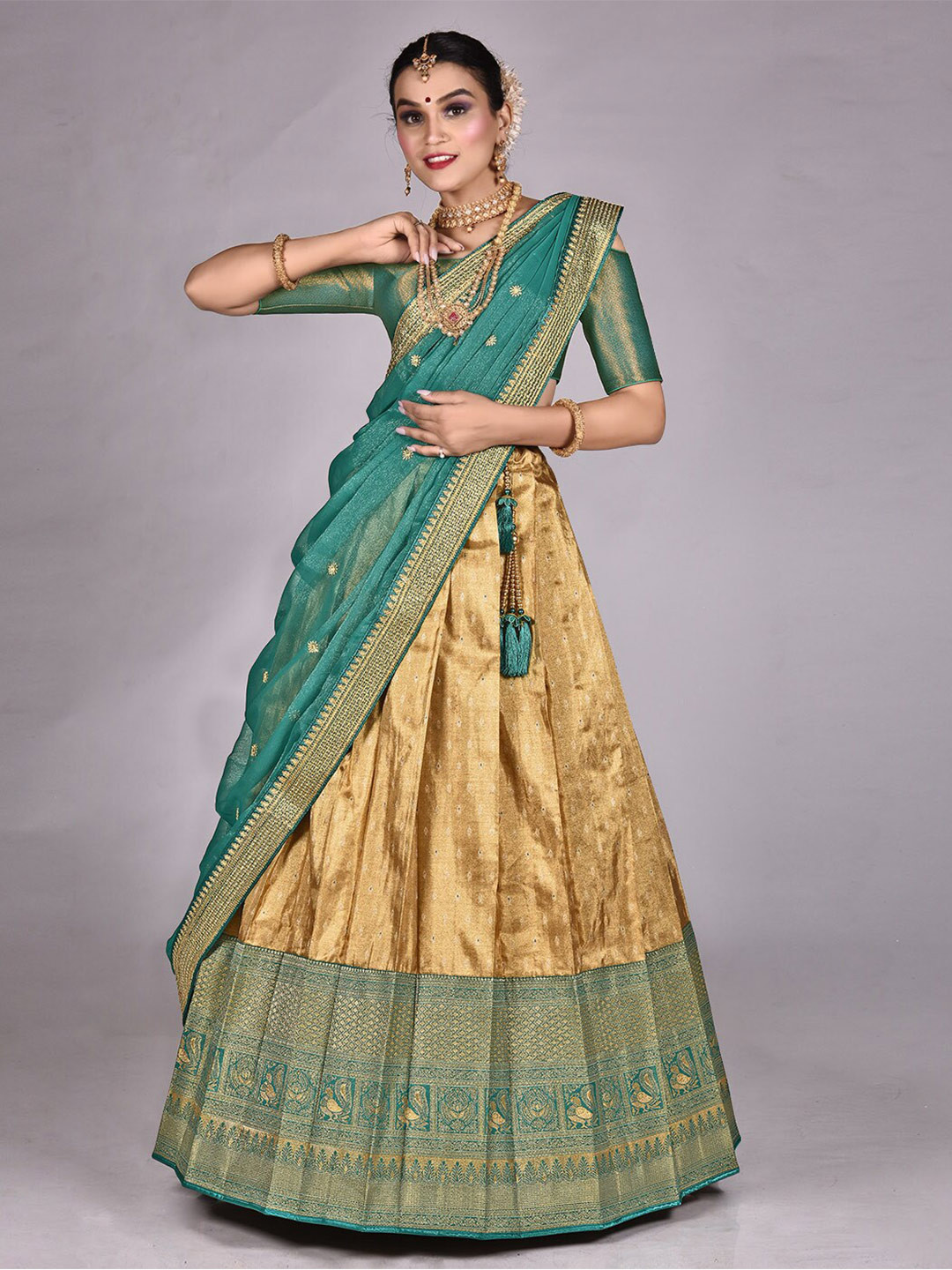 

HALFSAREE STUDIO Semi-Stitched Lehenga & Unstitched Blouse With Dupatta, Gold