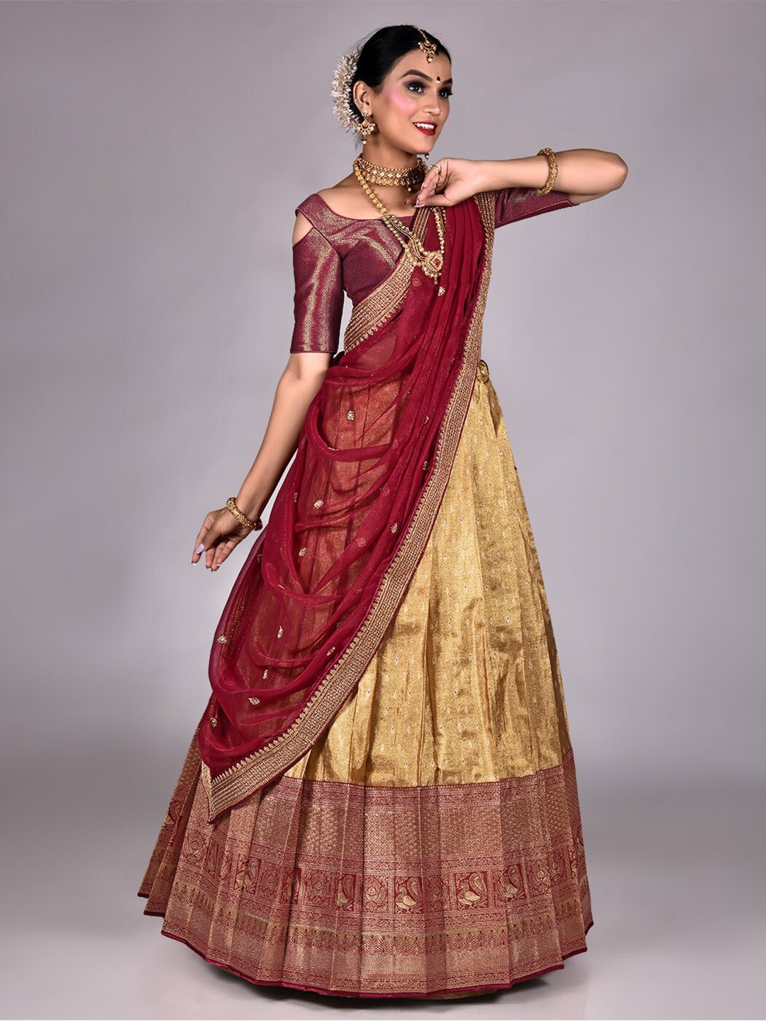 

HALFSAREE STUDIO Semi-Stitched Lehenga & Unstitched Blouse With Dupatta, Maroon