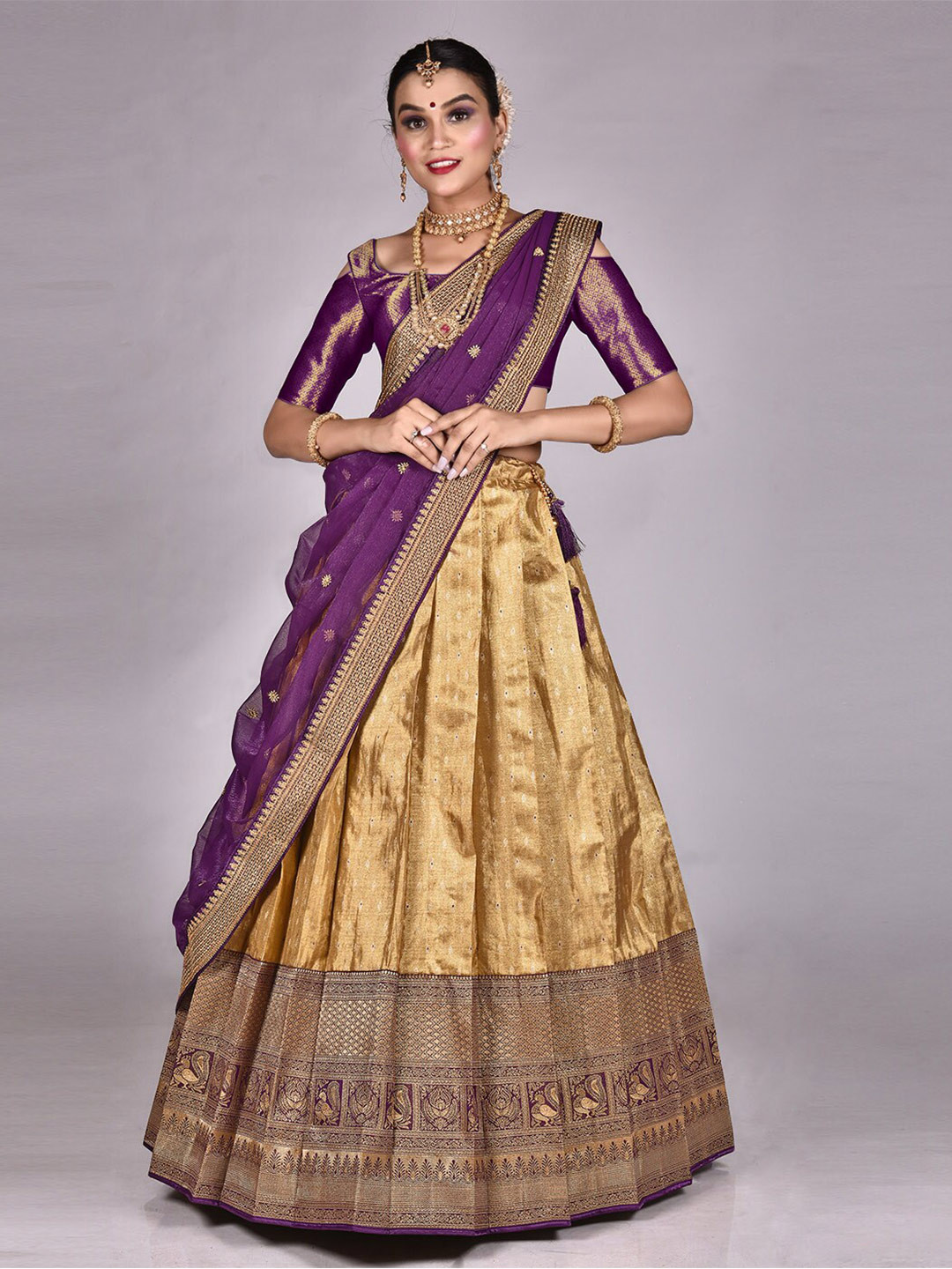 

HALFSAREE STUDIO Semi-Stitched Lehenga & Unstitched Blouse With Dupatta, Gold