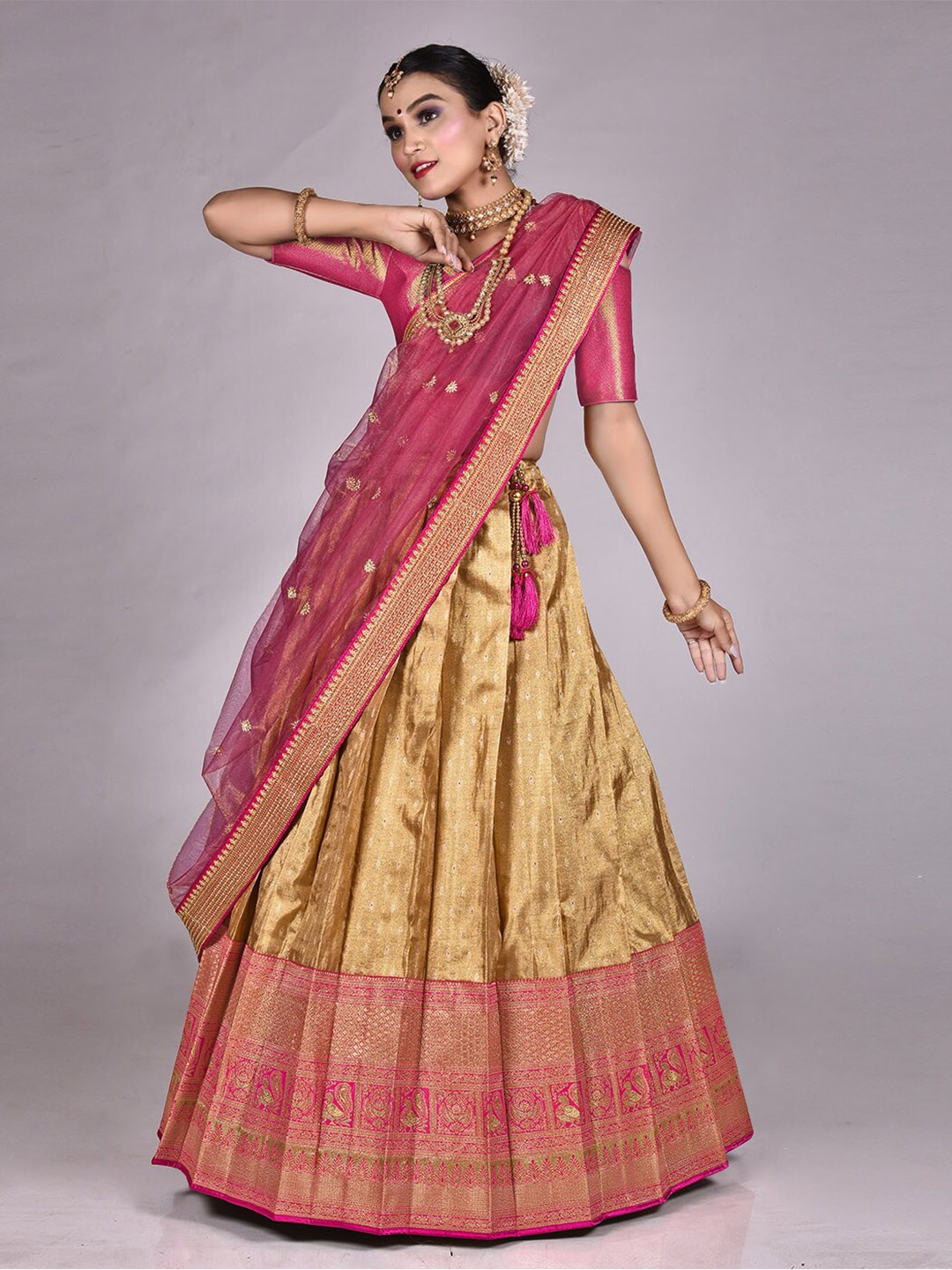 

HALFSAREE STUDIO Semi-Stitched Lehenga & Unstitched Blouse With Dupatta, Pink
