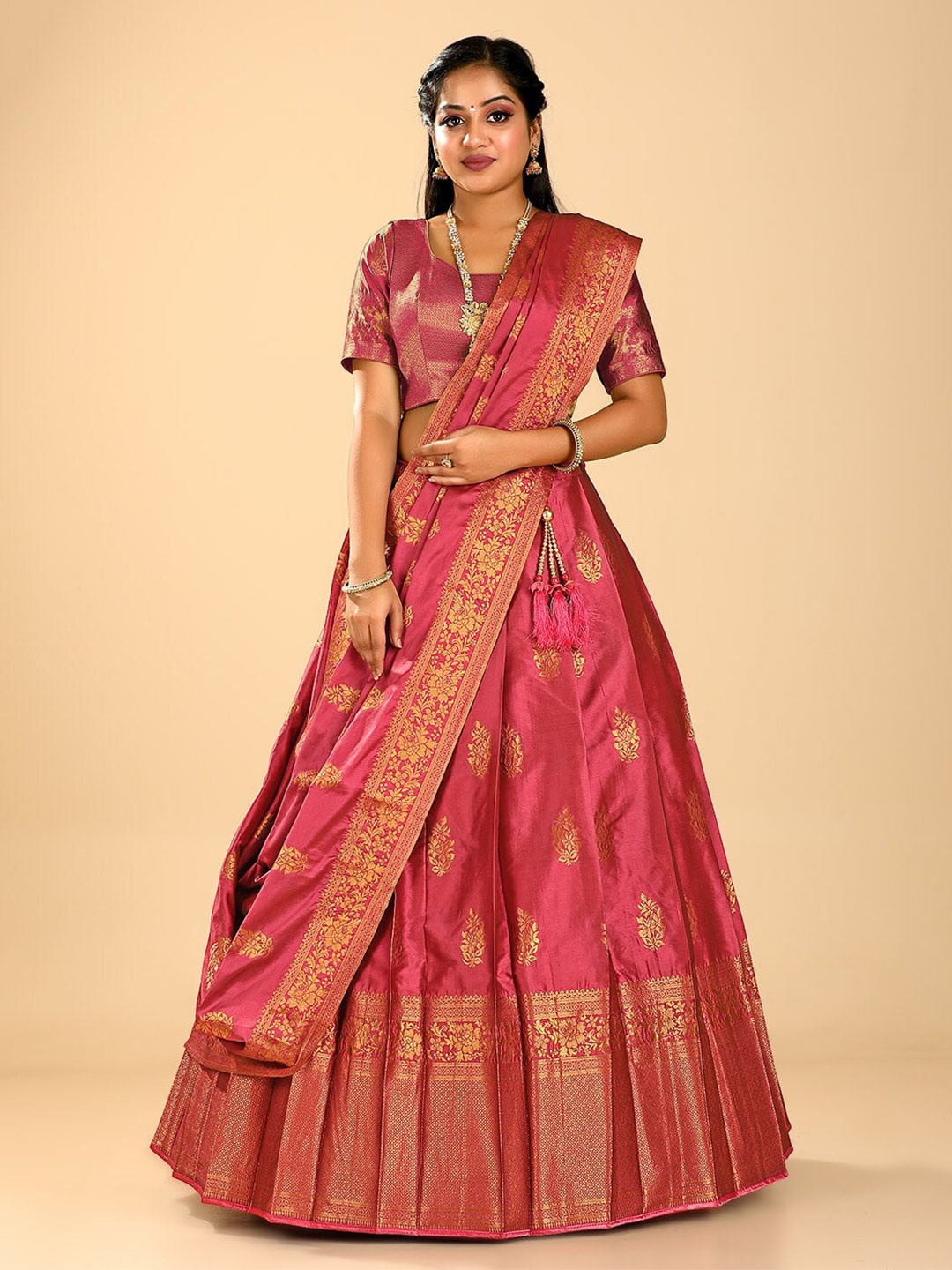 

HALFSAREE STUDIO Semi-Stitched Lehenga & Unstitched Blouse With Dupatta, Pink