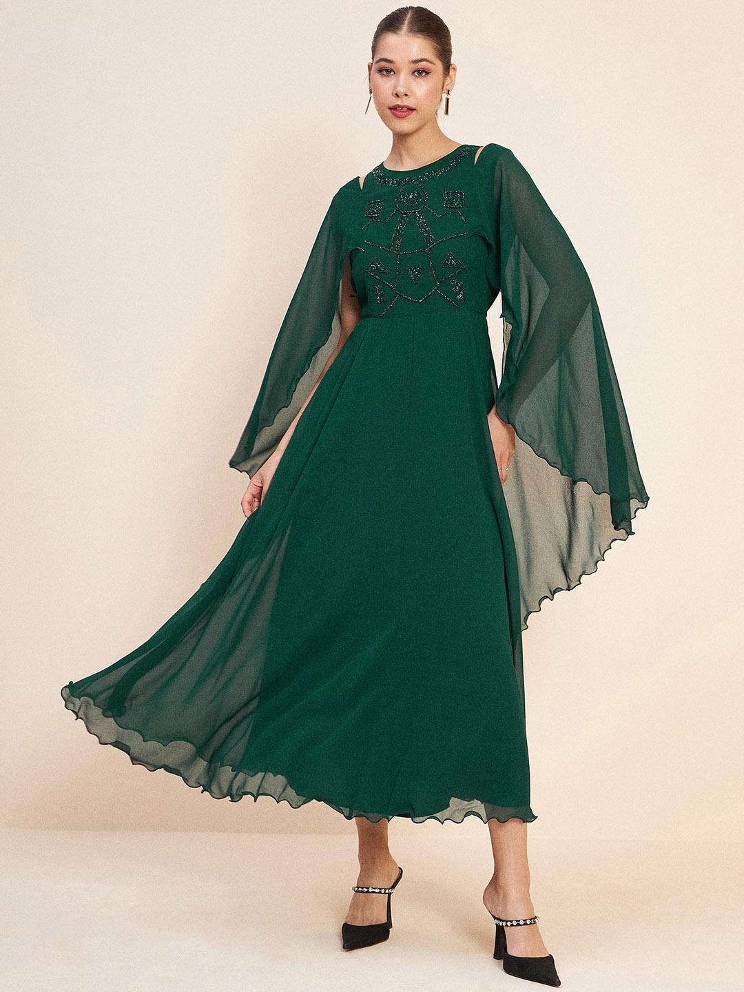 

Antheaa Green Slit Sleeves Embellished Detail Maxi Dress