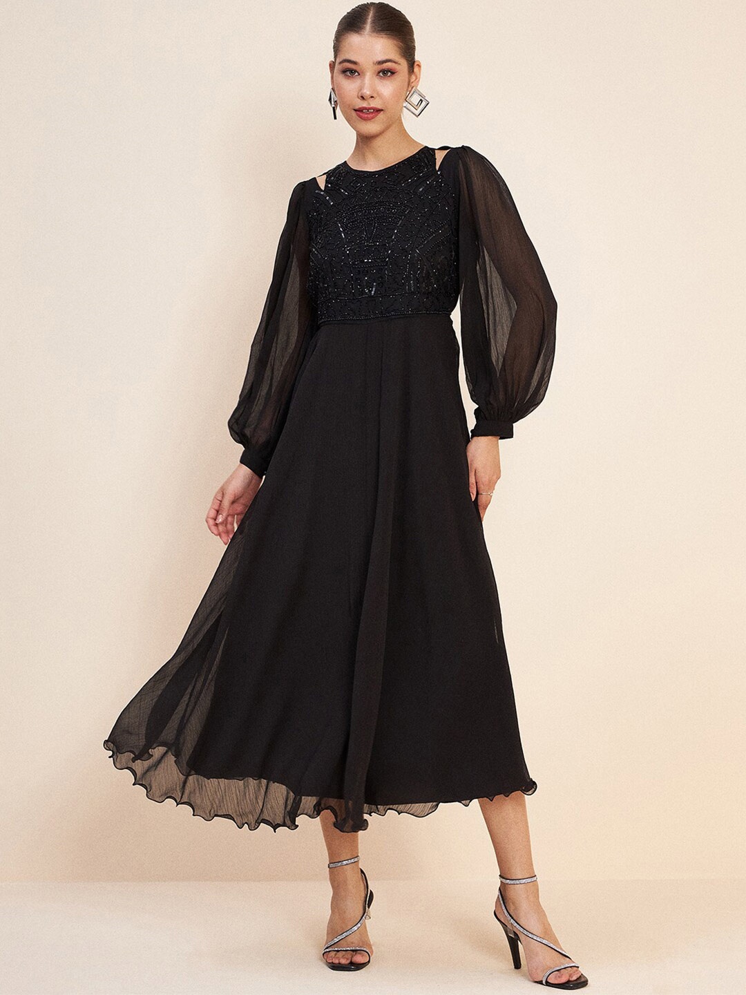 

Antheaa Black Puff Sleeve Embellished Detail Fit & Flare Dress