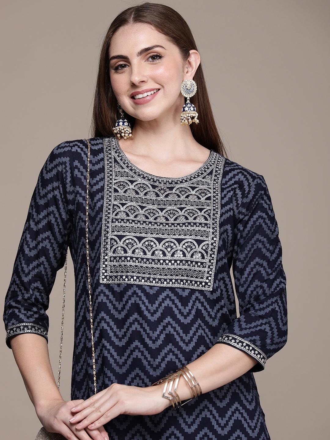 

Anouk Embroidered Regular Sequinned Kurta with Trousers, Navy blue