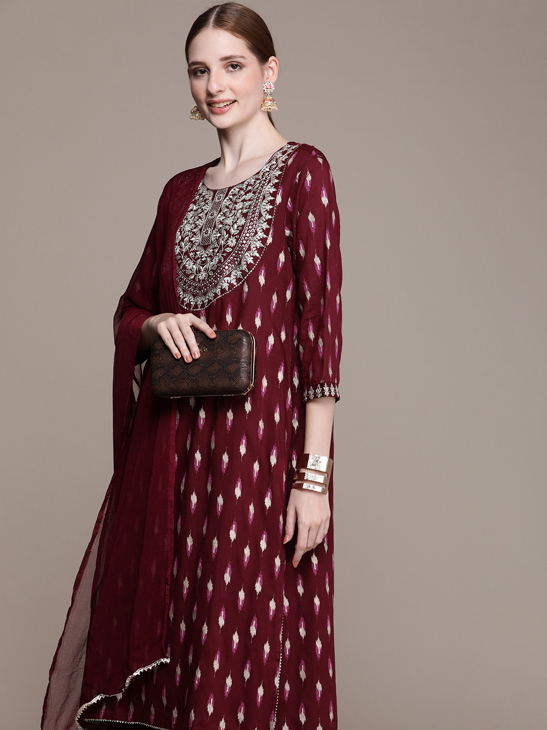 

Anouk Women Floral Yoke Design Regular Mirror Work Kurta with Trousers & With Dupatta, Burgundy