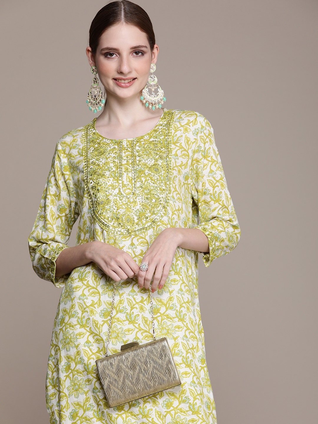 

Anouk Women Floral Embroidered Regular Sequinned Kurta with Trousers, Lime green