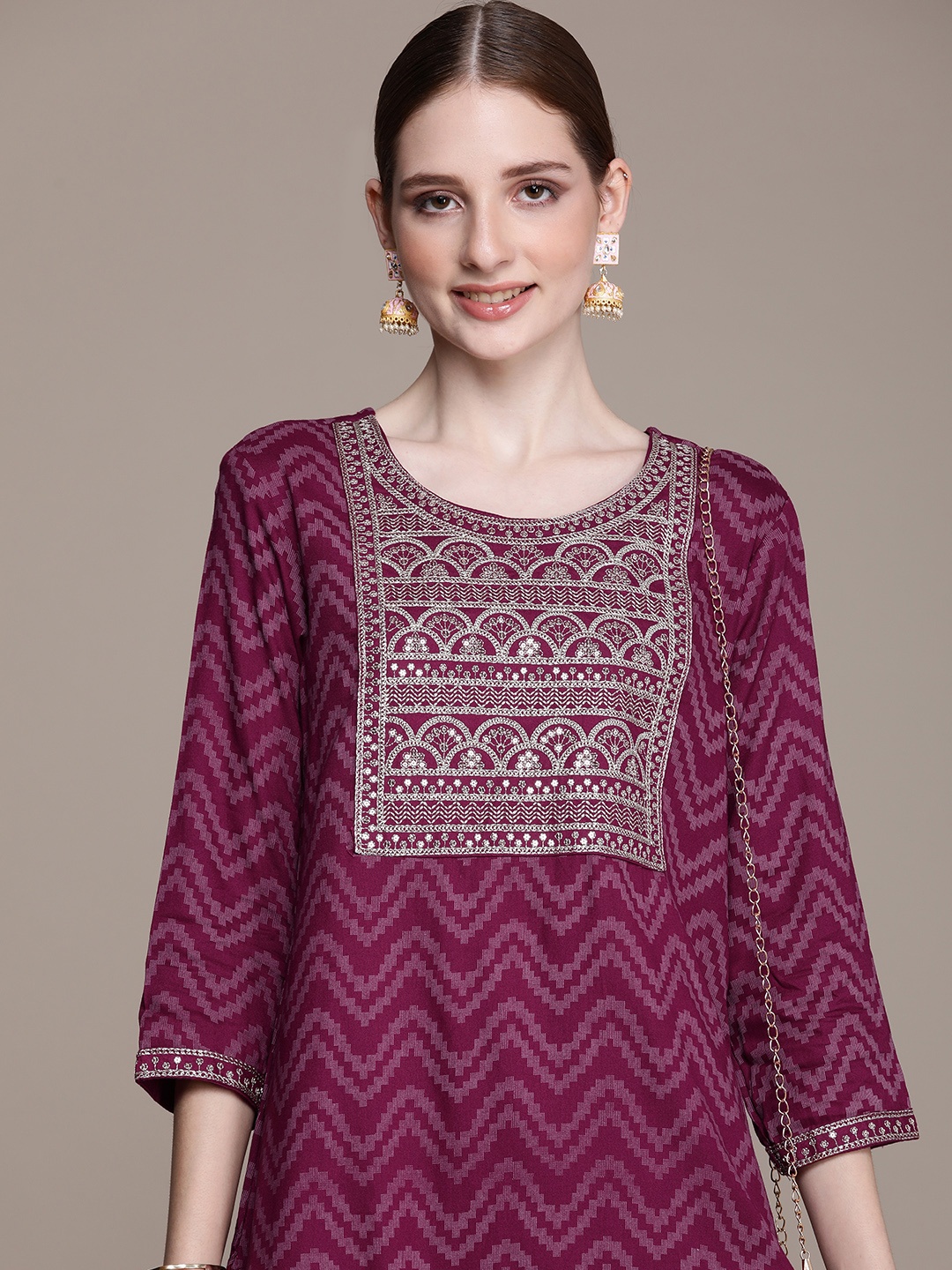 

Anouk Women Ethnic Motifs Yoke Design Regular Sequinned Kurta with Trousers, Burgundy