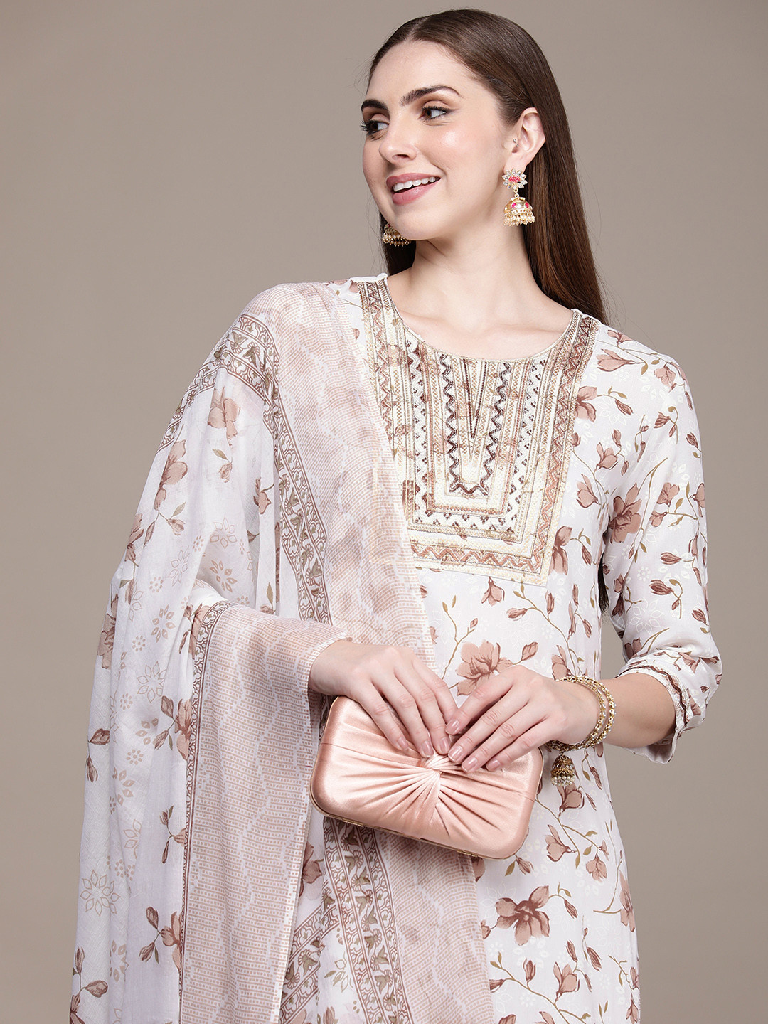 

Anouk Floral Embroidered Regular Sequinned Kurta with Trousers & Dupatta, White