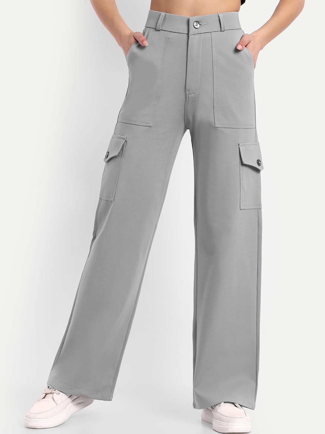 

Next One Women Smart Straight Fit High-Rise Easy Wash Cargos Trousers, Grey