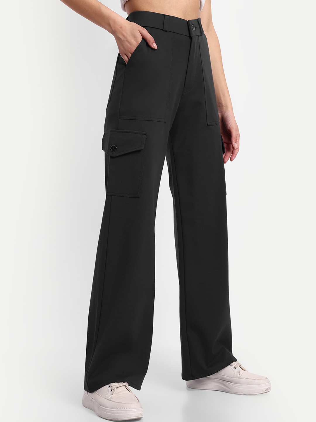 

Next One Women Smart Straight Fit High-Rise Easy Wash Cargos Trousers, Grey