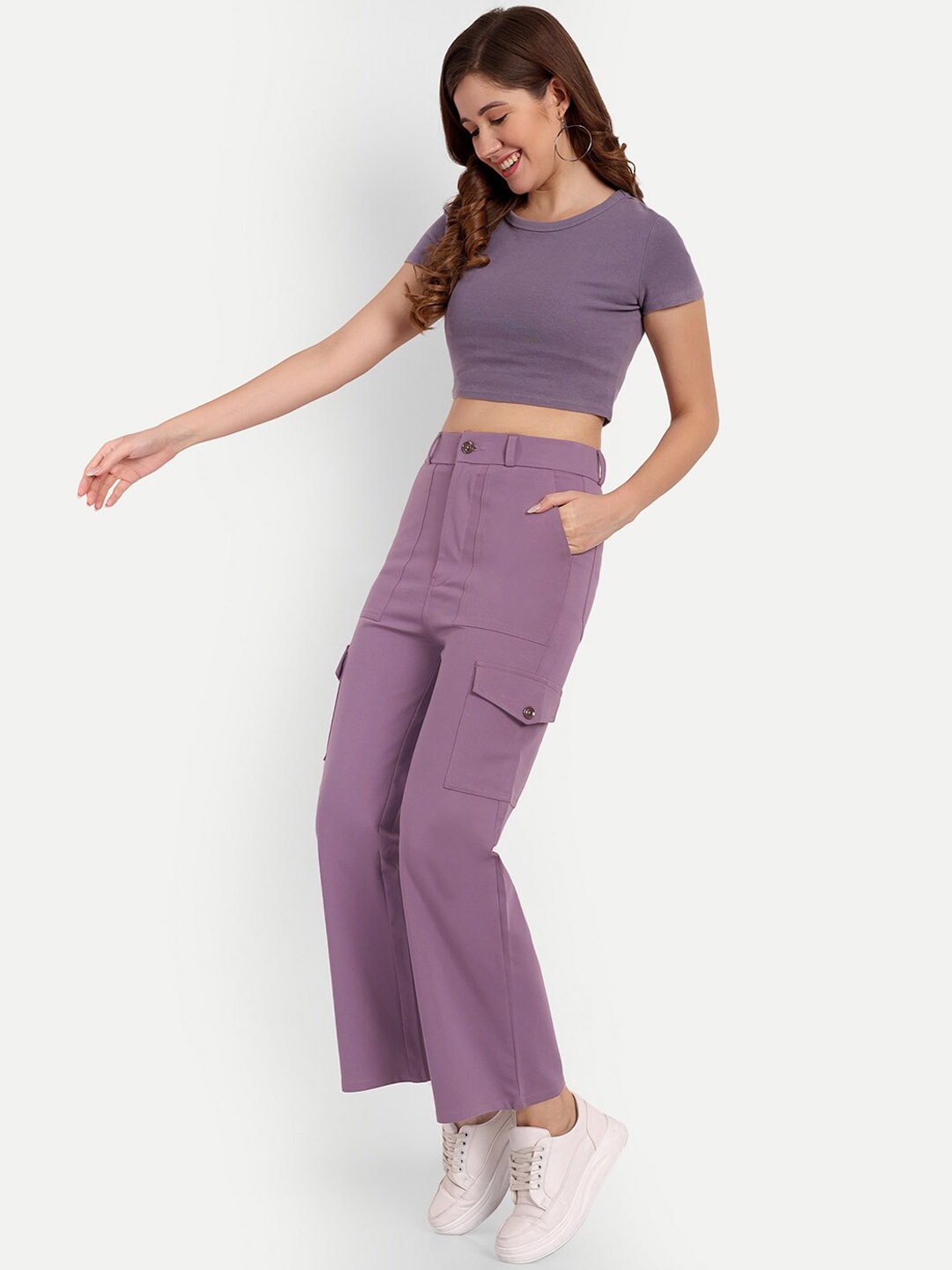 

Next One Women Smart Straight Fit High-Rise Easy Wash Cargos Trousers, Violet