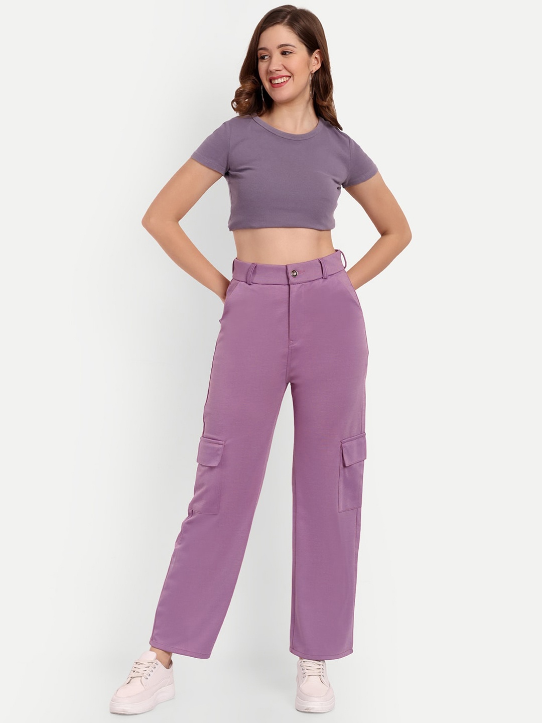 

Next One Women Smart Straight Fit High-Rise Easy Wash Cargos Trousers, Violet