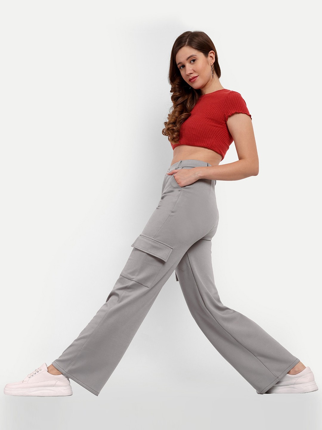 

Next One Women Smart Straight Fit High-Rise Easy Wash Cargos Trousers, Grey