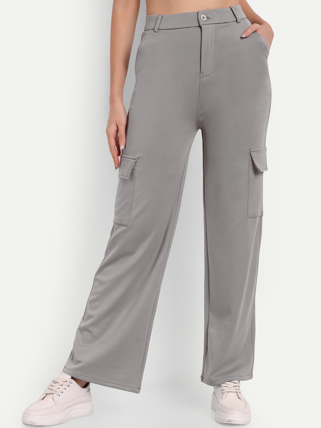 

BROADSTAR Women Smart Straight Fit High-Rise Easy Wash Stretchable Cargo Trousers, Grey