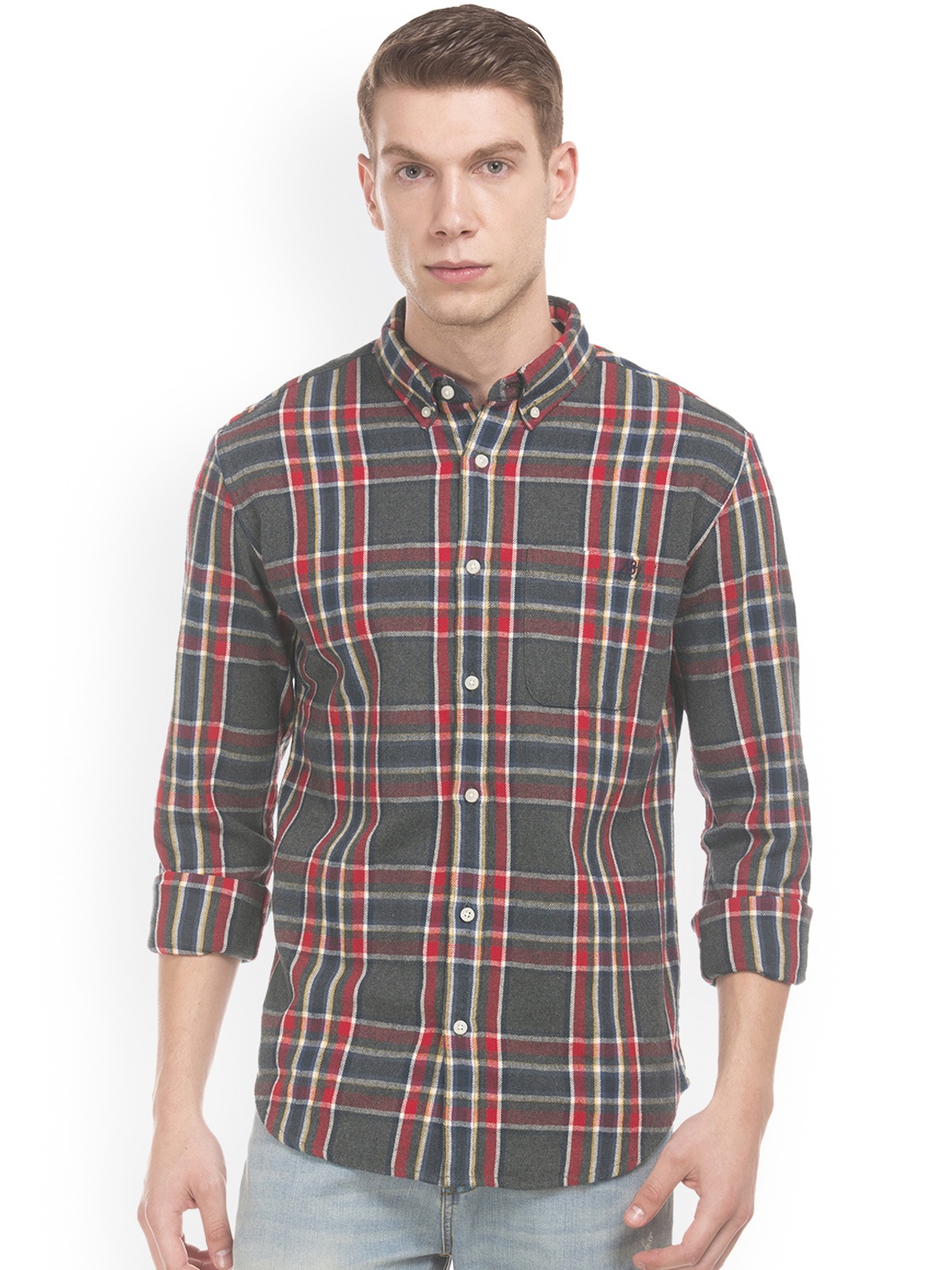 

Aeropostale Men Grey & Multicoloured Regular Fit Checked Casual Shirt