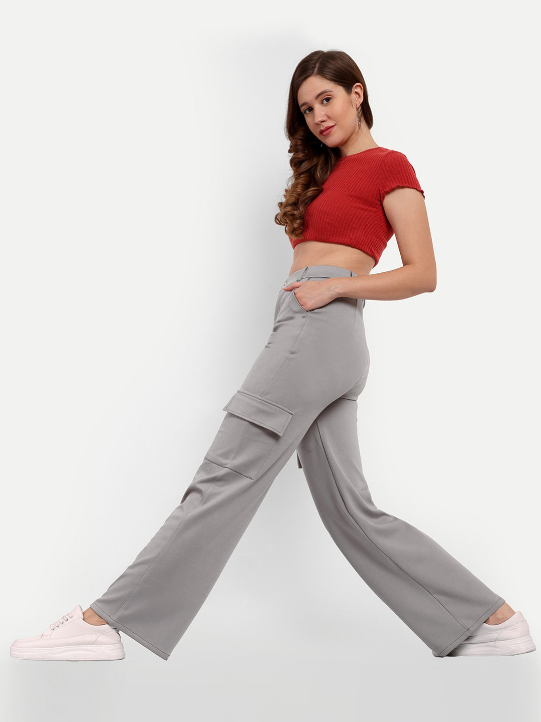 

BROADSTAR Women Smart Straight Fit High-Rise Easy Wash Cargo Trousers, Grey