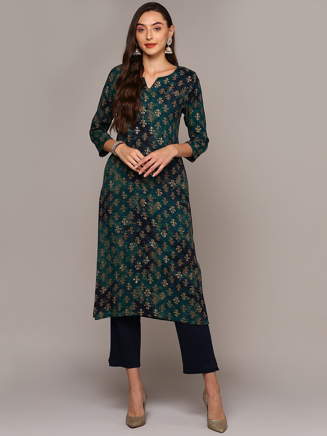 

AHIKA Ethnic Motifs Printed Flared Sleeves Sequinned Kurta, Blue