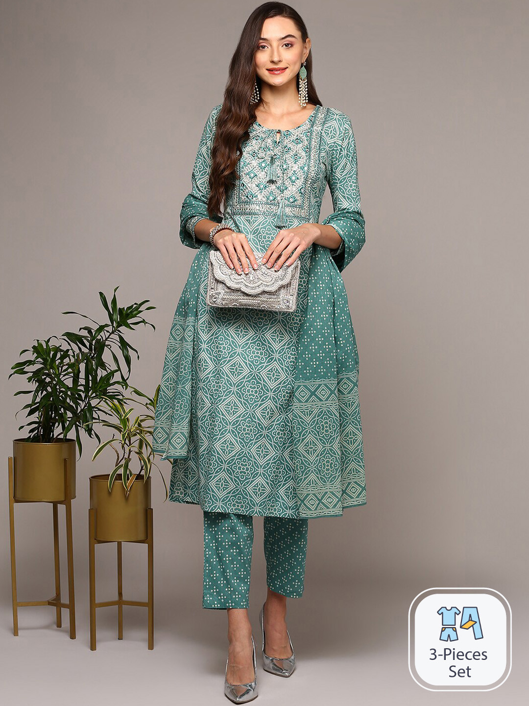 

AHIKA Ethnic Motifs Bandhani Printed Anarkali Pure Cotton Kurta with Trousers & Dupatta, Sea green