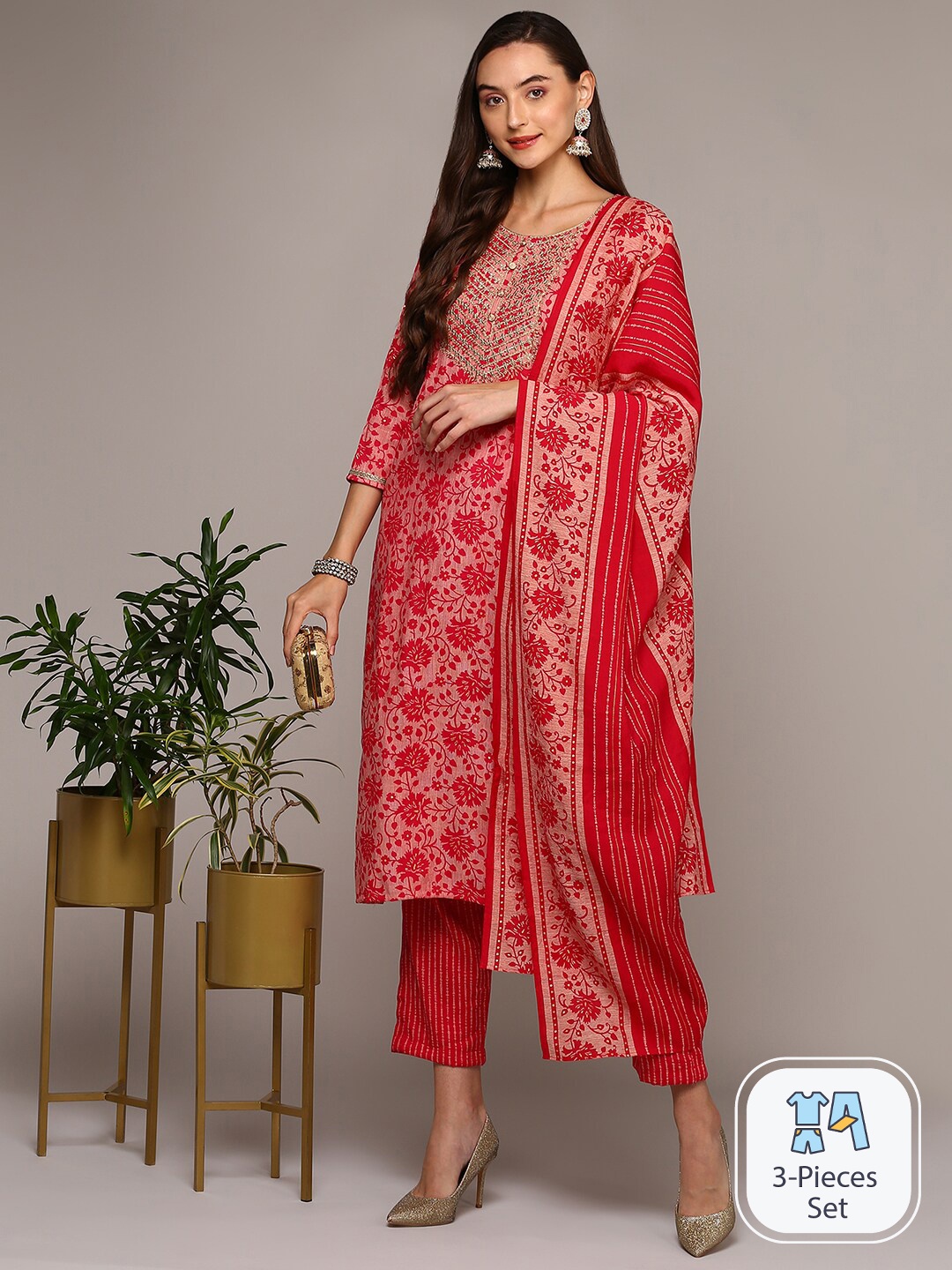 

AHIKA Floral Printed Anarkali Pure Cotton Kurta with Trousers & Dupatta, Red