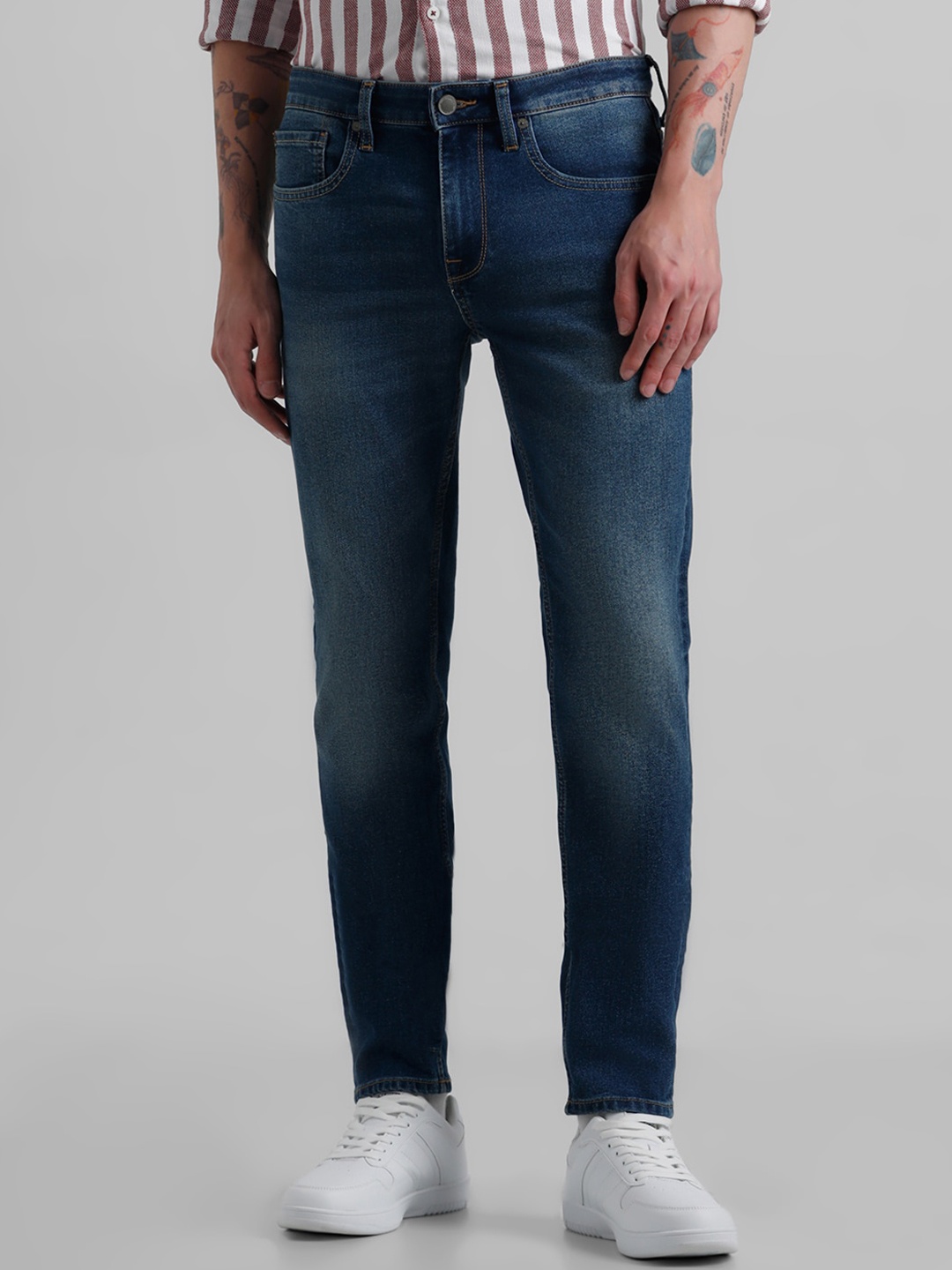 

Jack & Jones Men Mid Rise Slim Fit Heavy Fade Stretchable Jeans, Blue