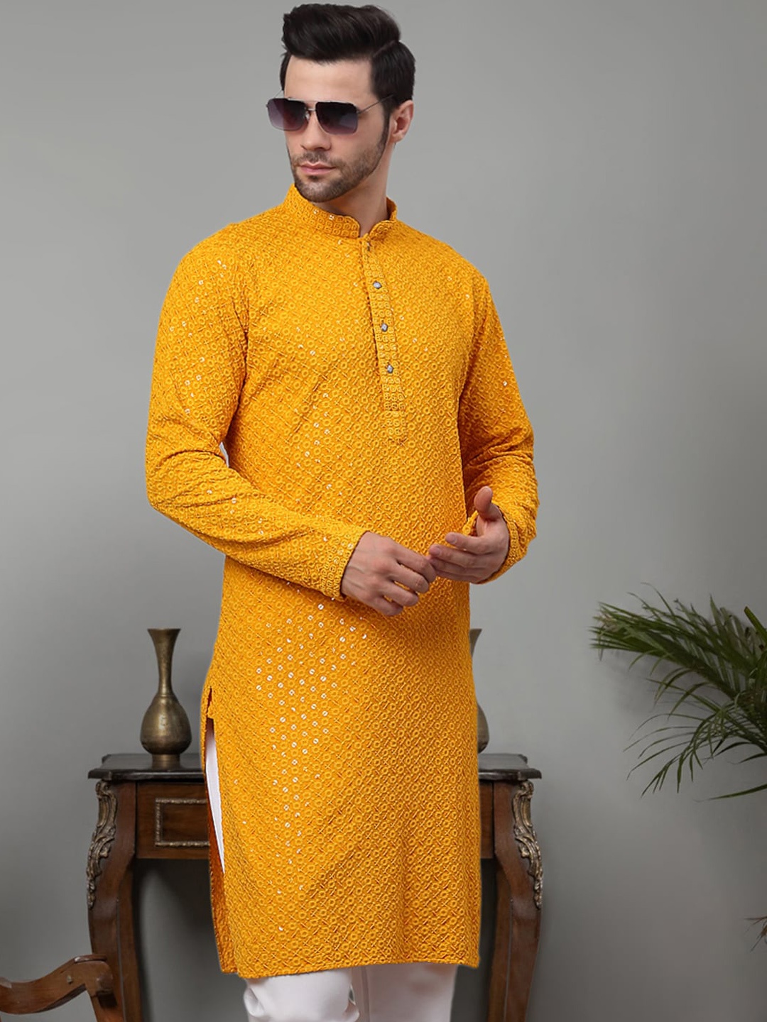 Jompers Embroidered Mandarin Collar Pure Cotton Chikankari Kurta, Mustard