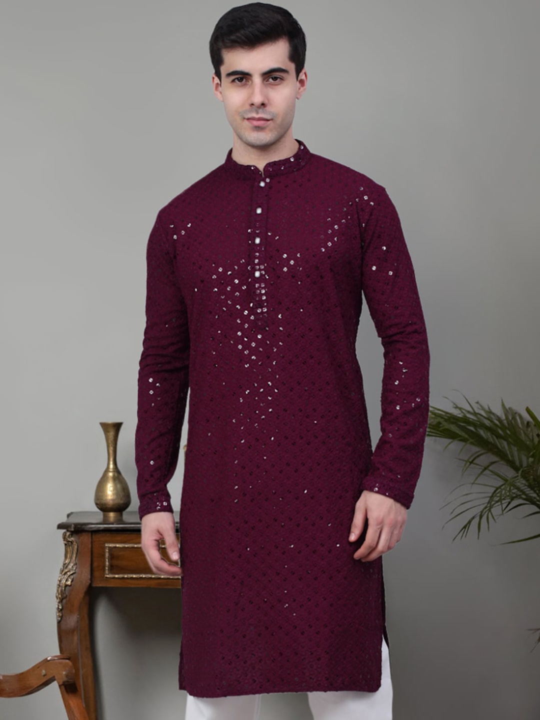 

Jompers Embroidered Mandarin Collar Pure Cotton Chikankari Kurta, Purple