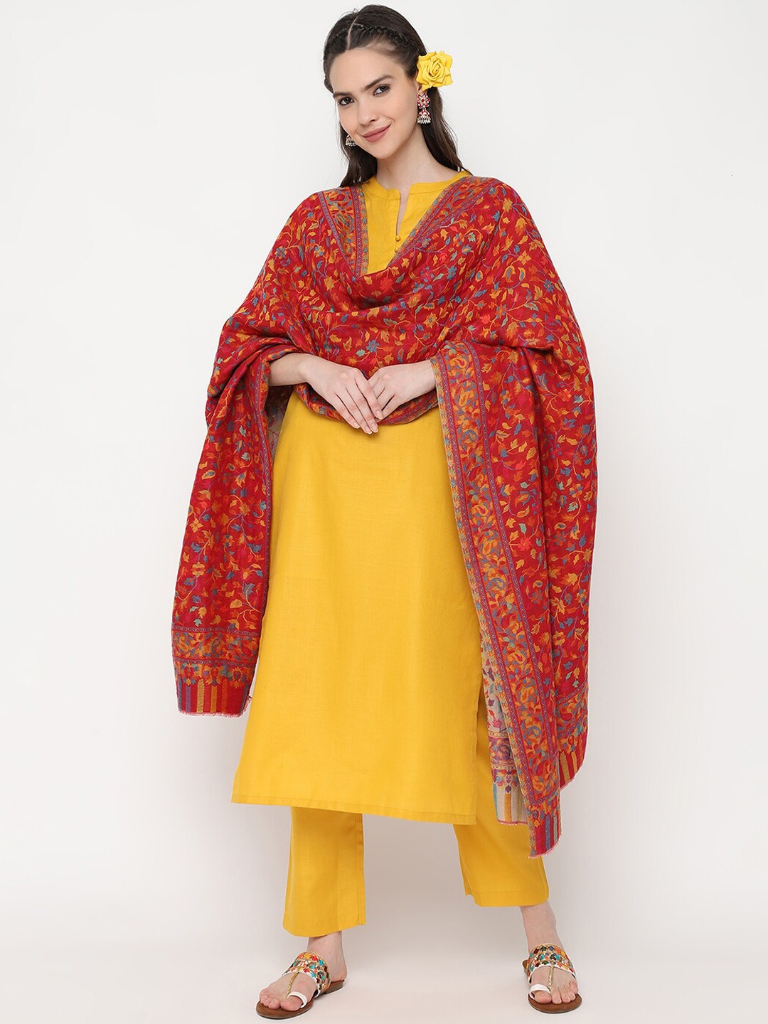 

La Vastraa Floral Woven Design Pure Wool Kani Shawl, Red