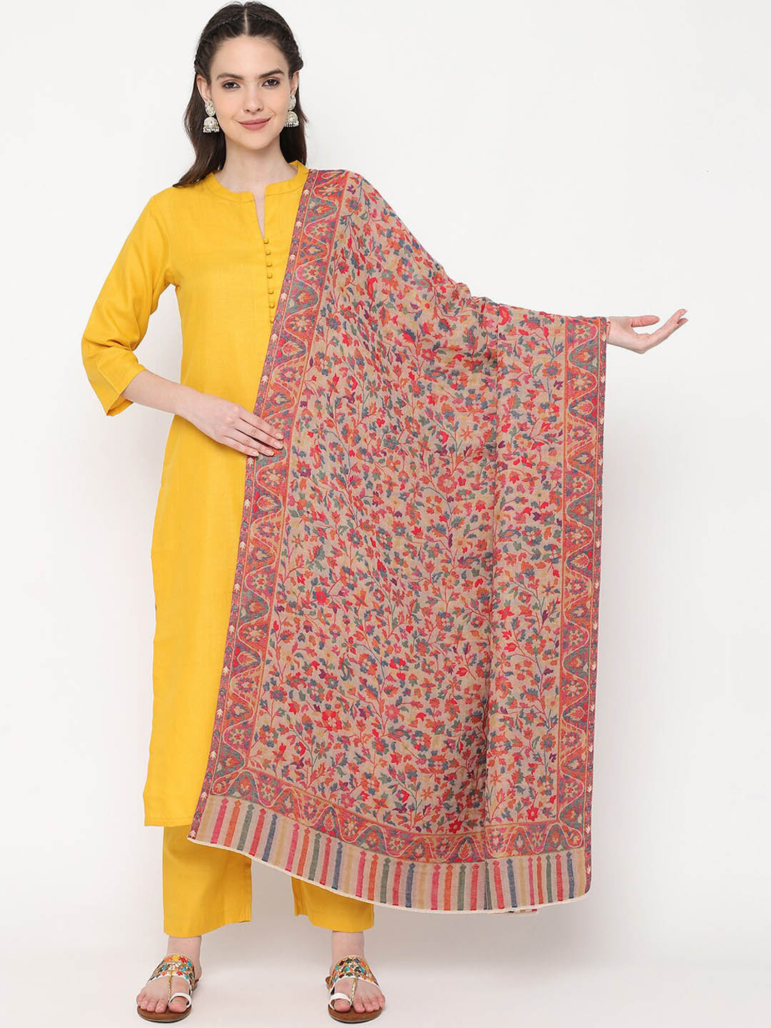 

La Vastraa Floral Woven Design Pure Wool Kani Double Side Shawl, Beige