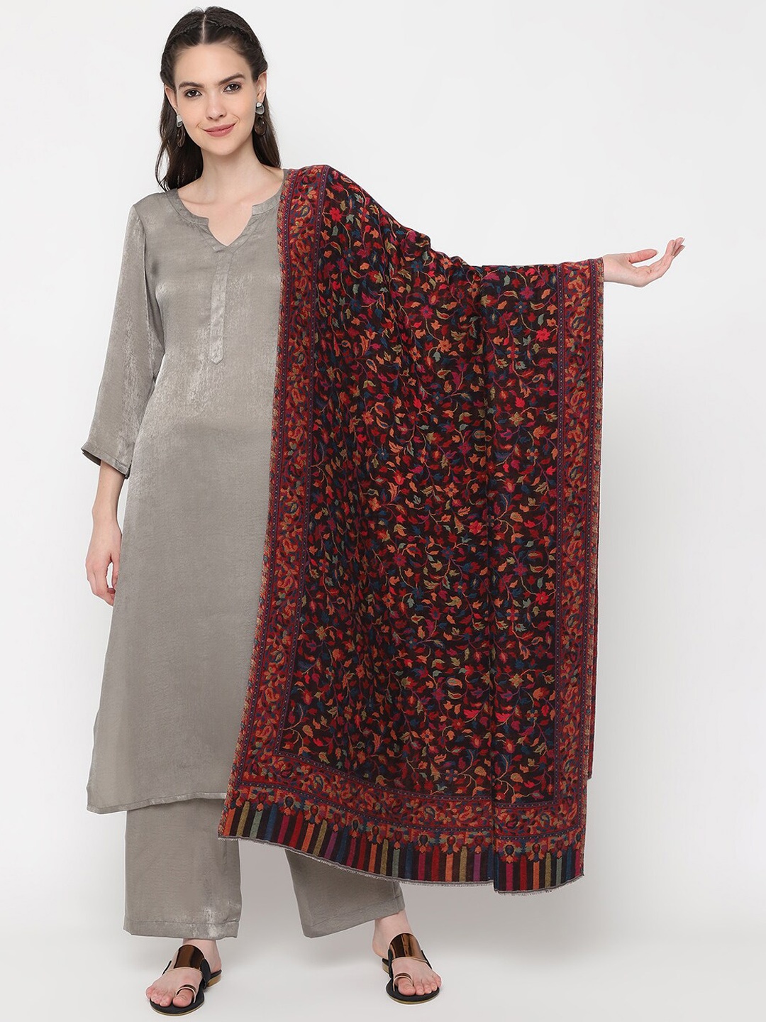

La Vastraa Floral Woven Design Pure Wool Kani Double Side Shawl, Maroon