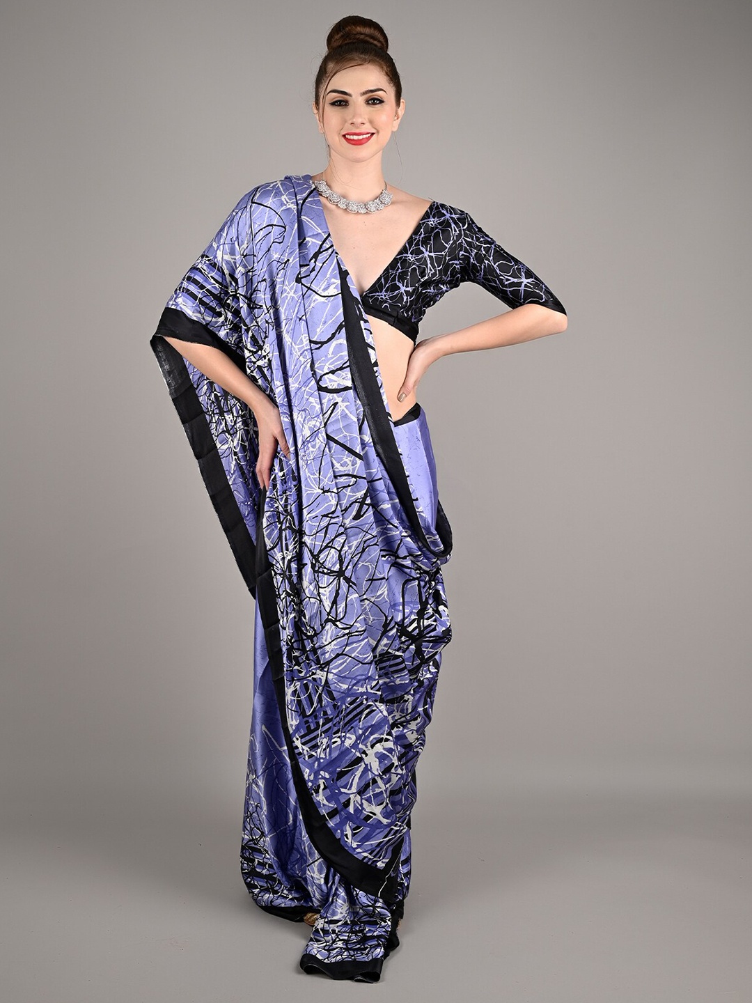 

ODETTE Abstract Printed Satin Saree, Blue