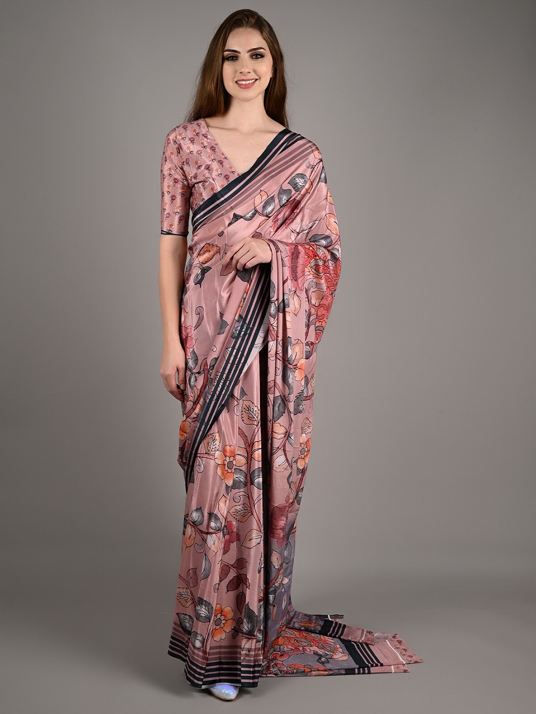 

ODETTE Floral Printed Silk Blend Saree, Pink