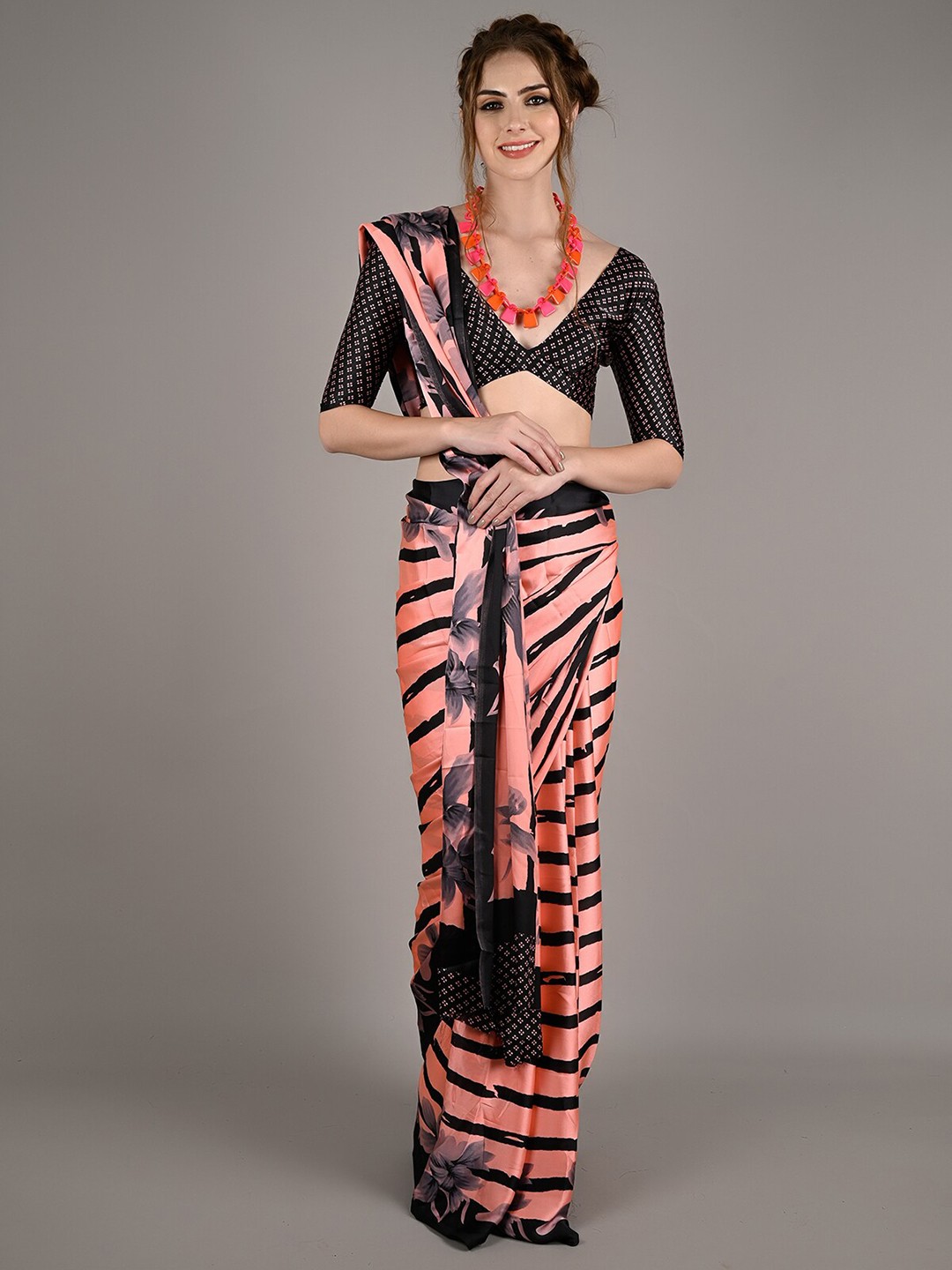 

ODETTE Striped Satin Saree, Pink