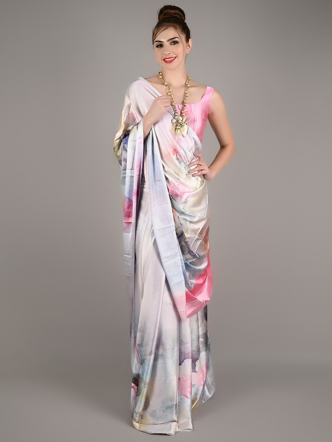 

ODETTE Floral Printed Silk Blend Saree, White