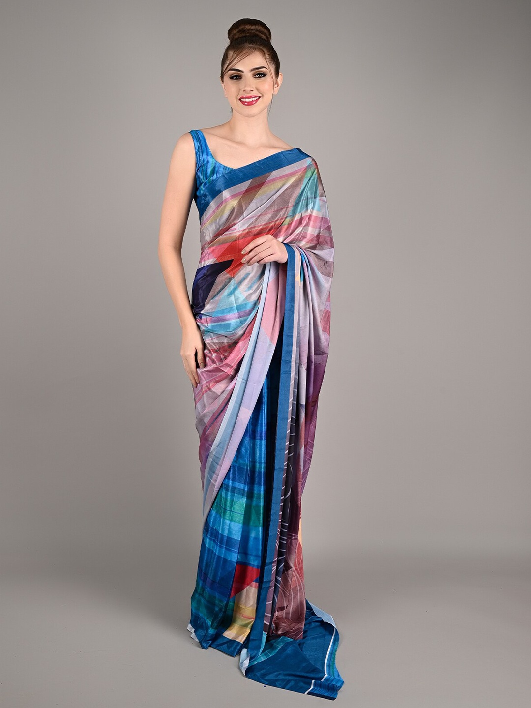 

ODETTE Abstract Printed Silk Blend Saree, Blue