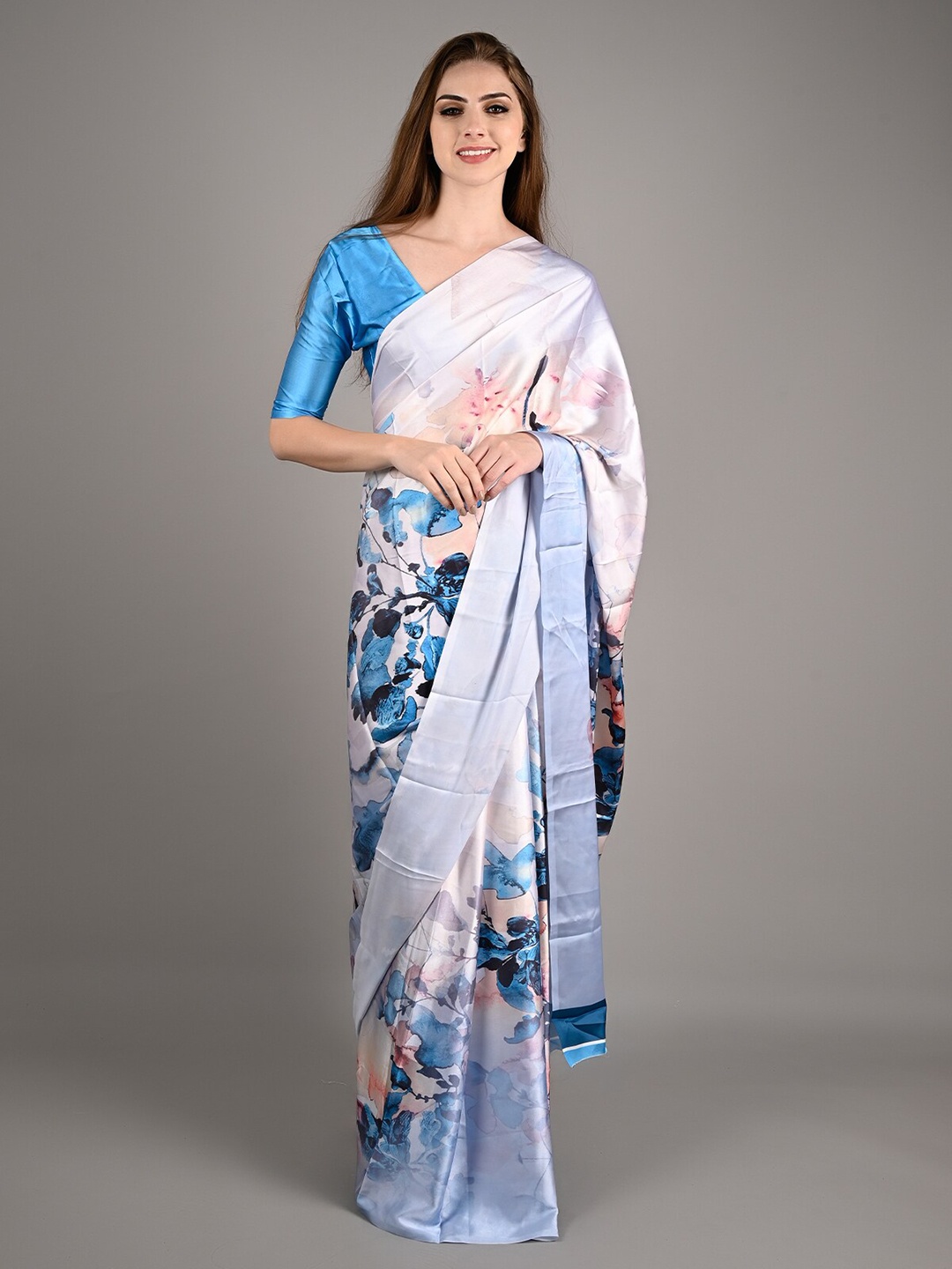 

ODETTE Floral Printed Silk Blend Saree, White