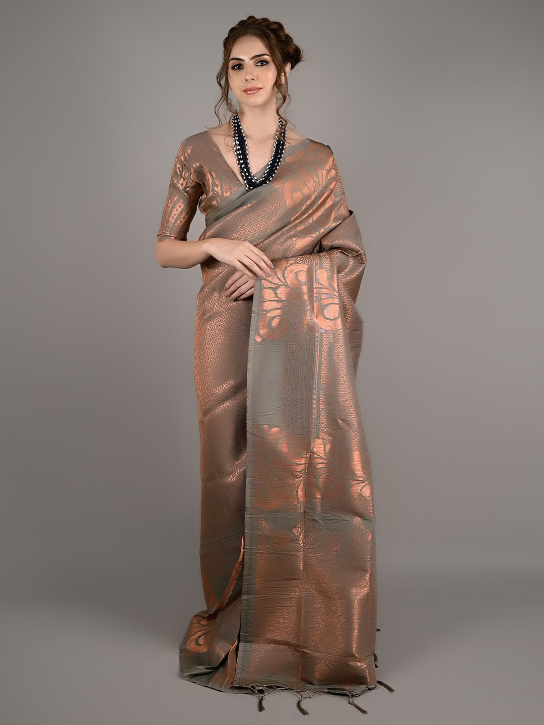 

ODETTE Woven Design Zari Saree, Grey