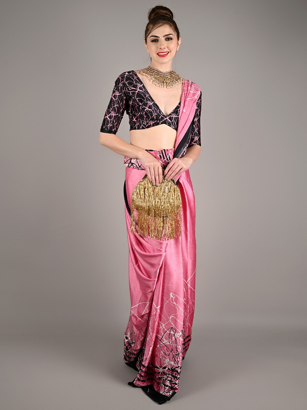 

ODETTE Abstract Printed Satin Saree, Pink