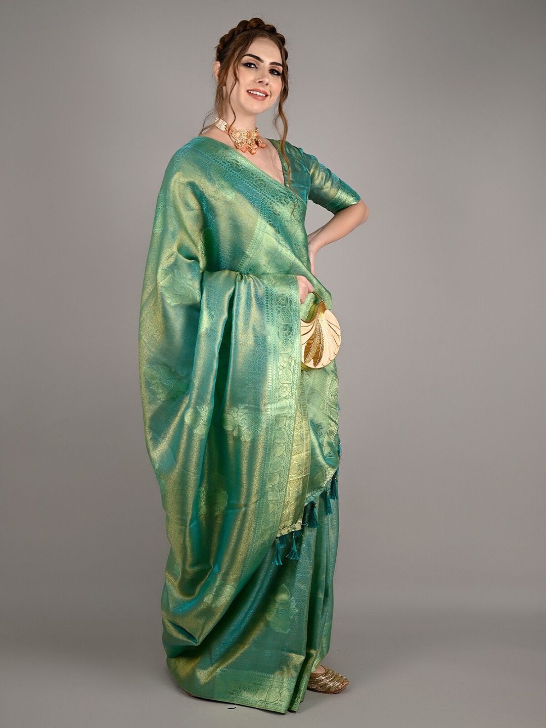 

ODETTE Woven Design Zari Saree, Sea green