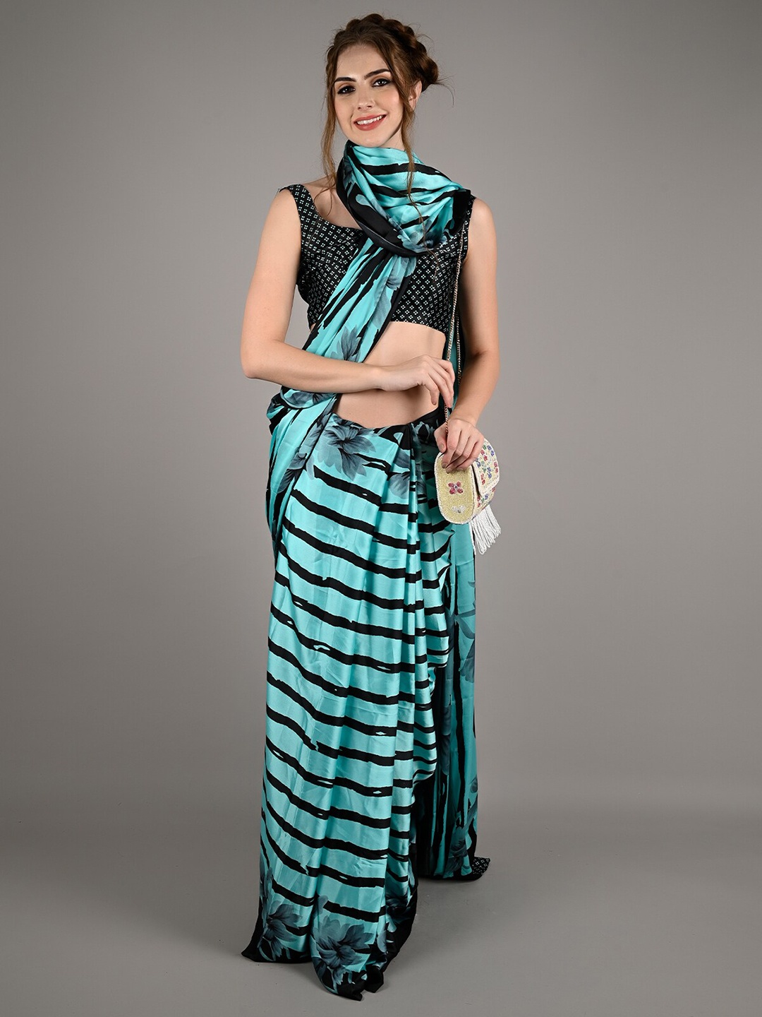 

ODETTE Striped Satin Saree, Blue