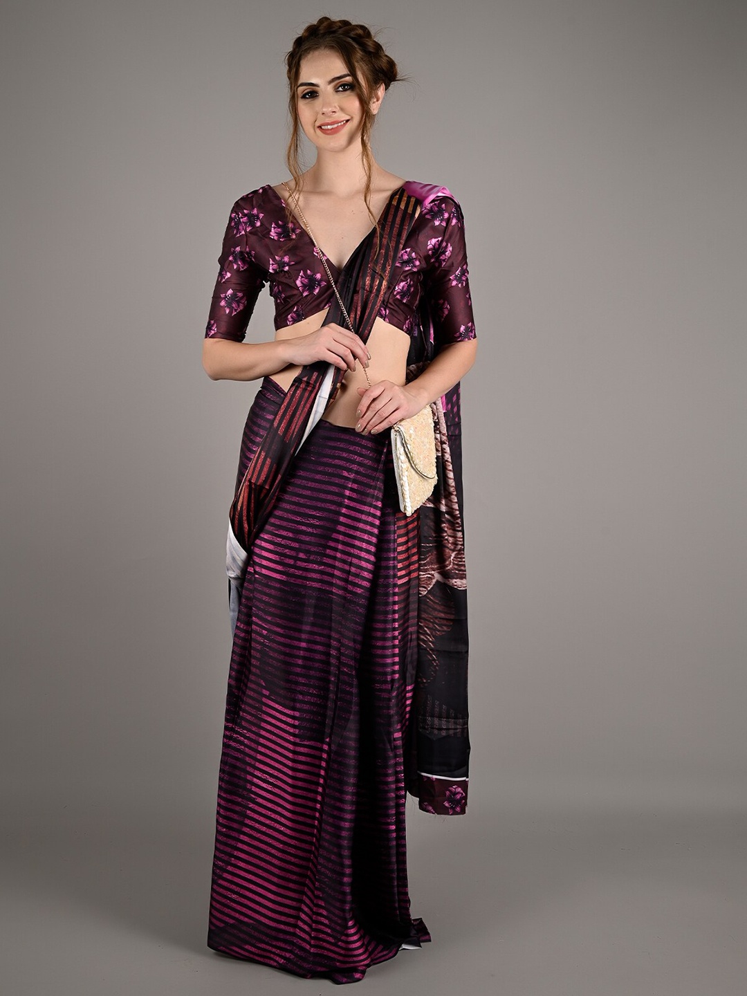 

ODETTE Striped Silk Blend Saree, Purple