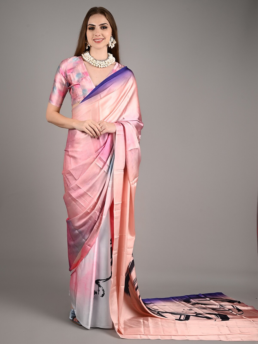 

ODETTE Abstract Printed Silk Blend Saree, Peach