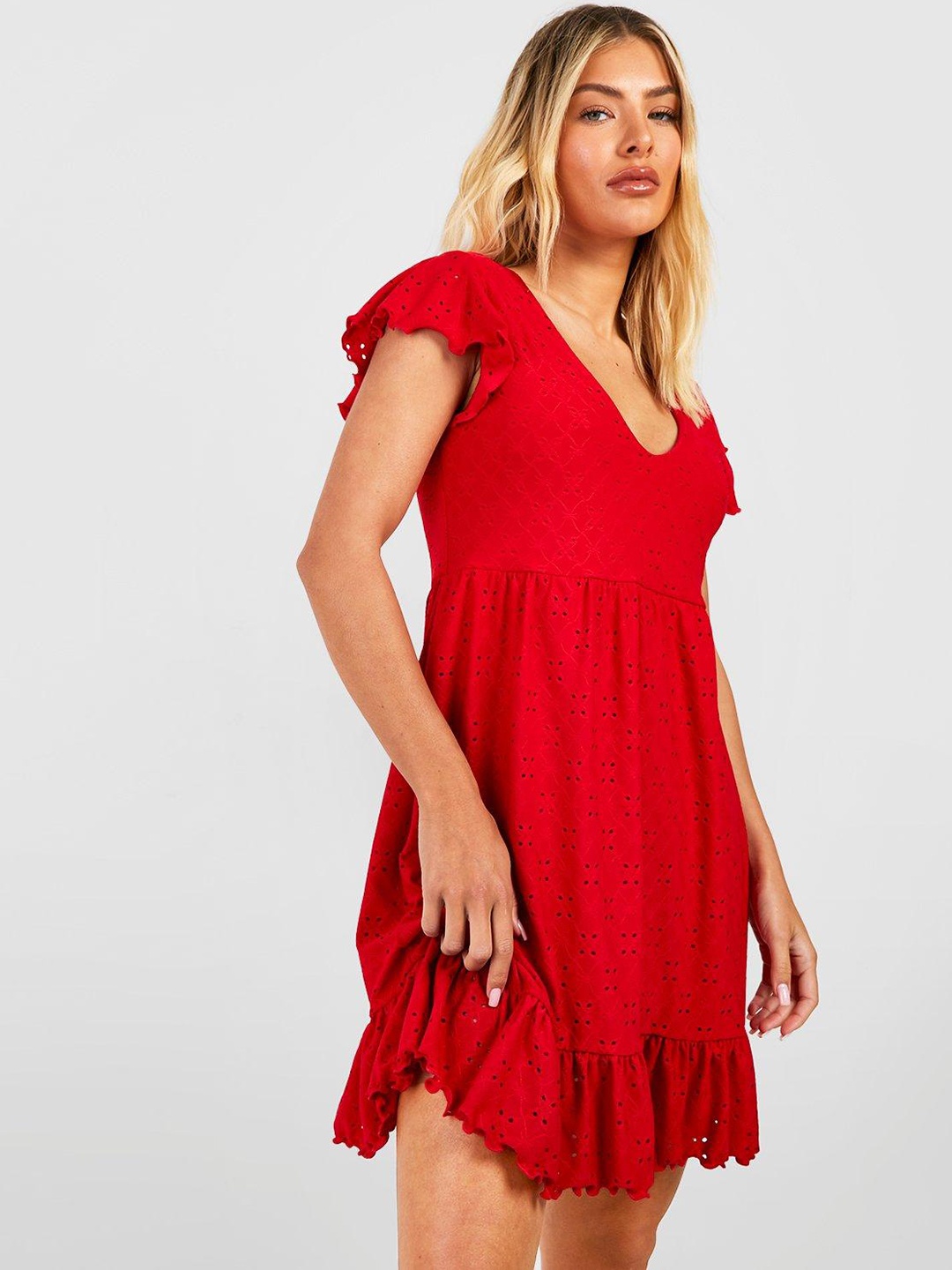 

Boohoo Schiffli Floral Flutter Sleeve A-Line Mini Dress, Red