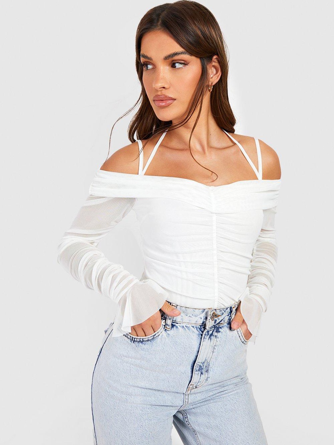 

Boohoo Ruched Net Top, White