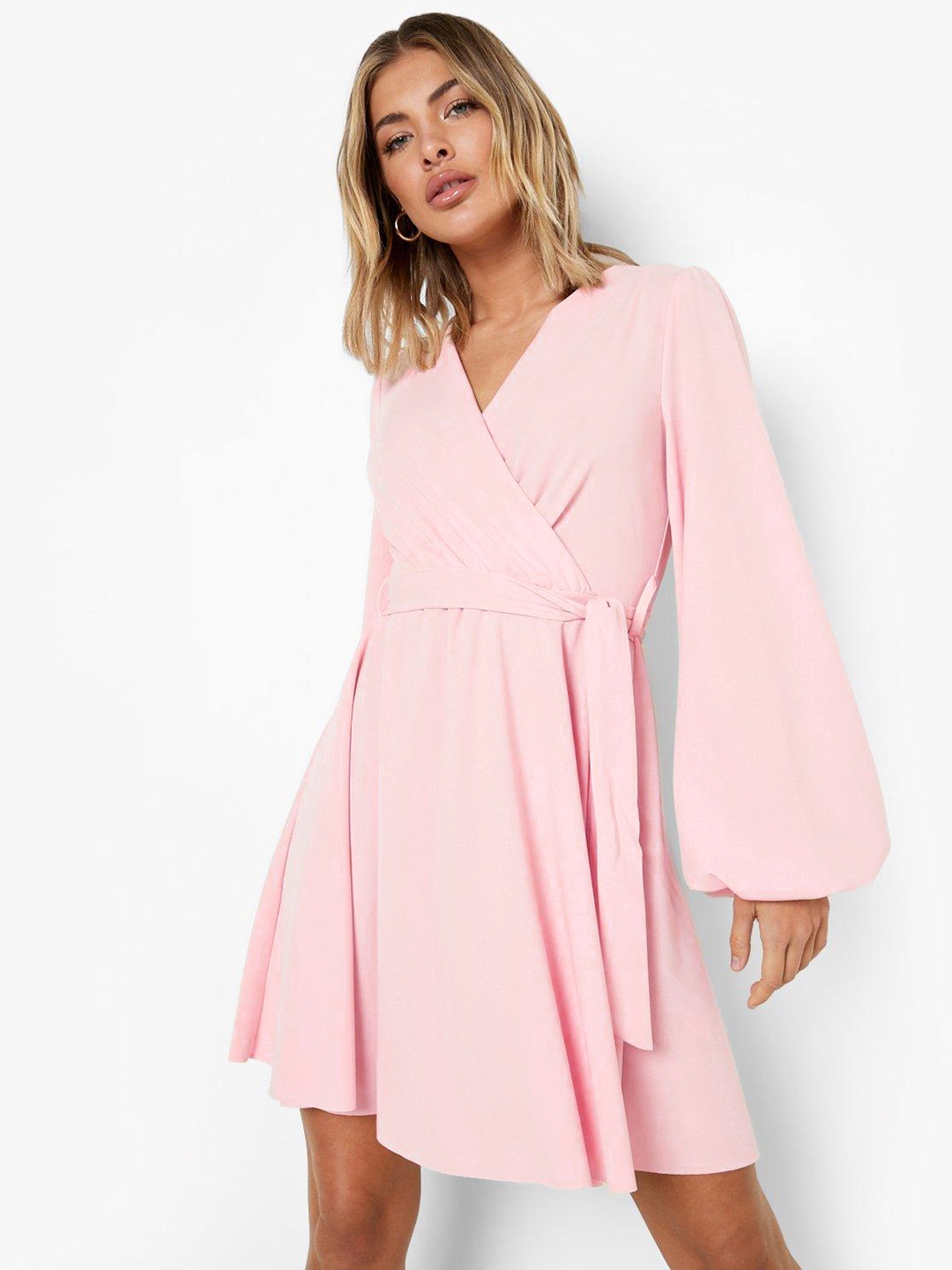 

Boohoo Puff Sleeves Mini Wrap Dress, Pink