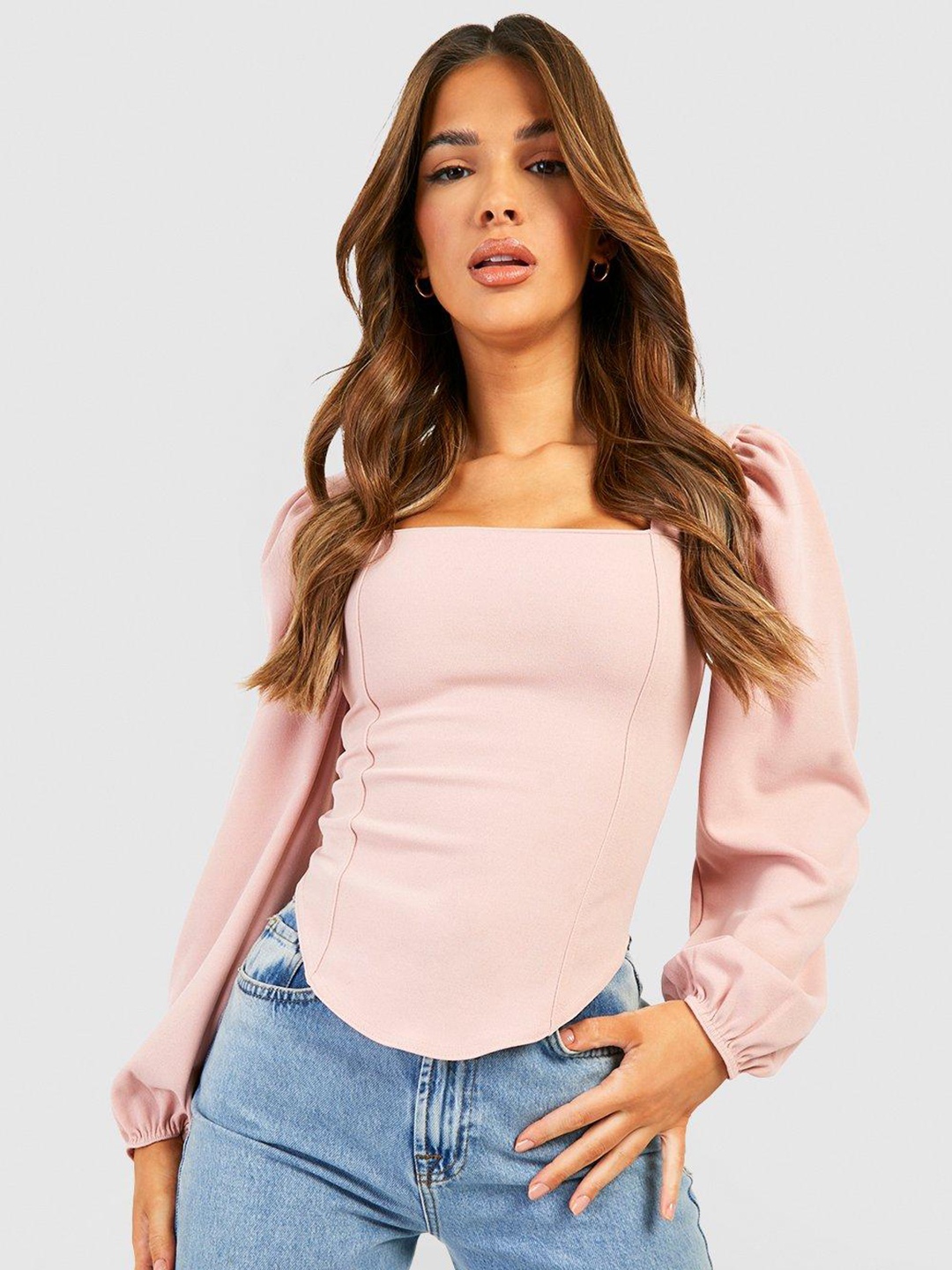 

Boohoo Corset Puff Sleeve Top, Pink