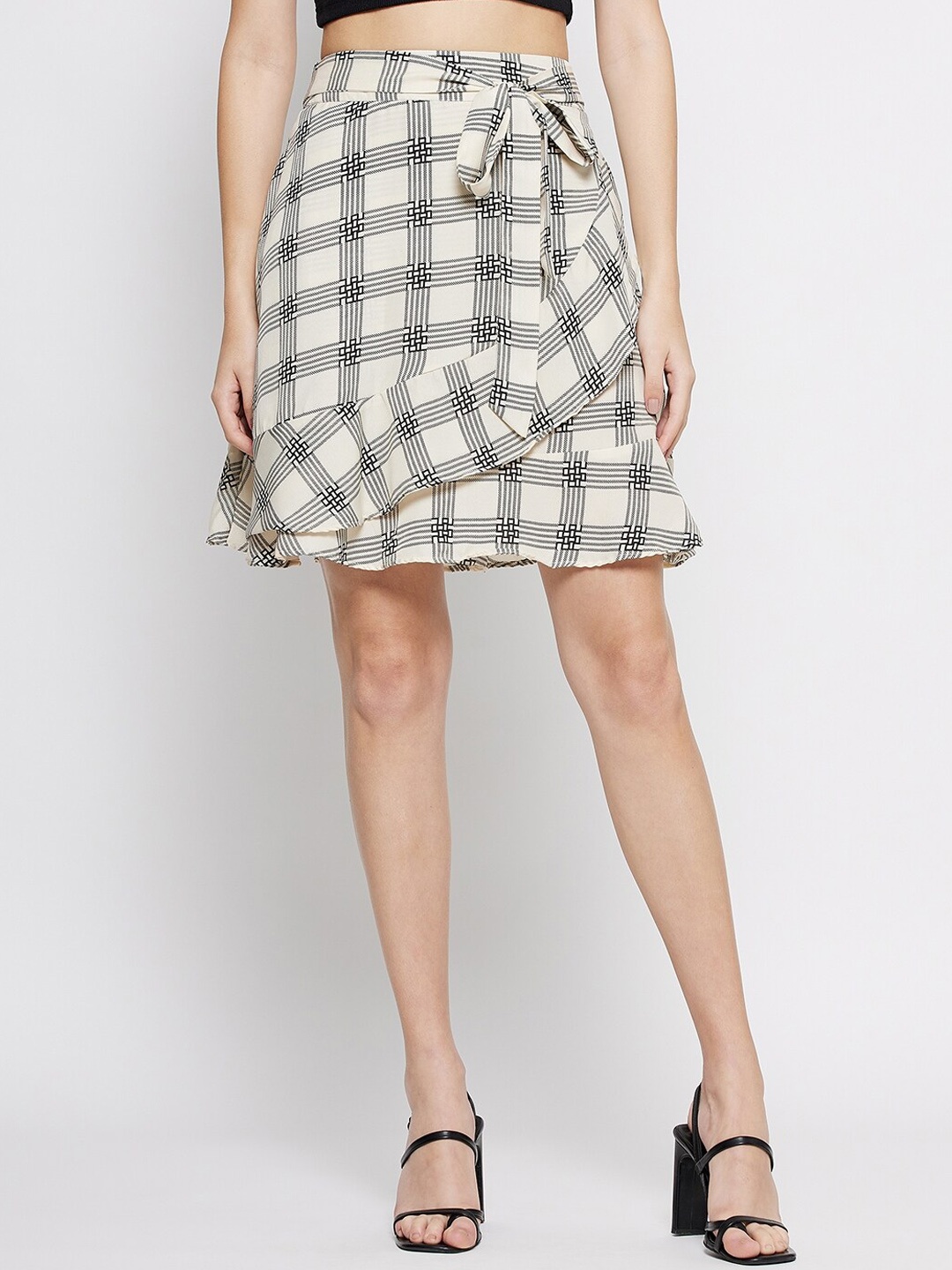 

TULIP 21 Checked Ruffle Above Knee Length Skirt, Cream