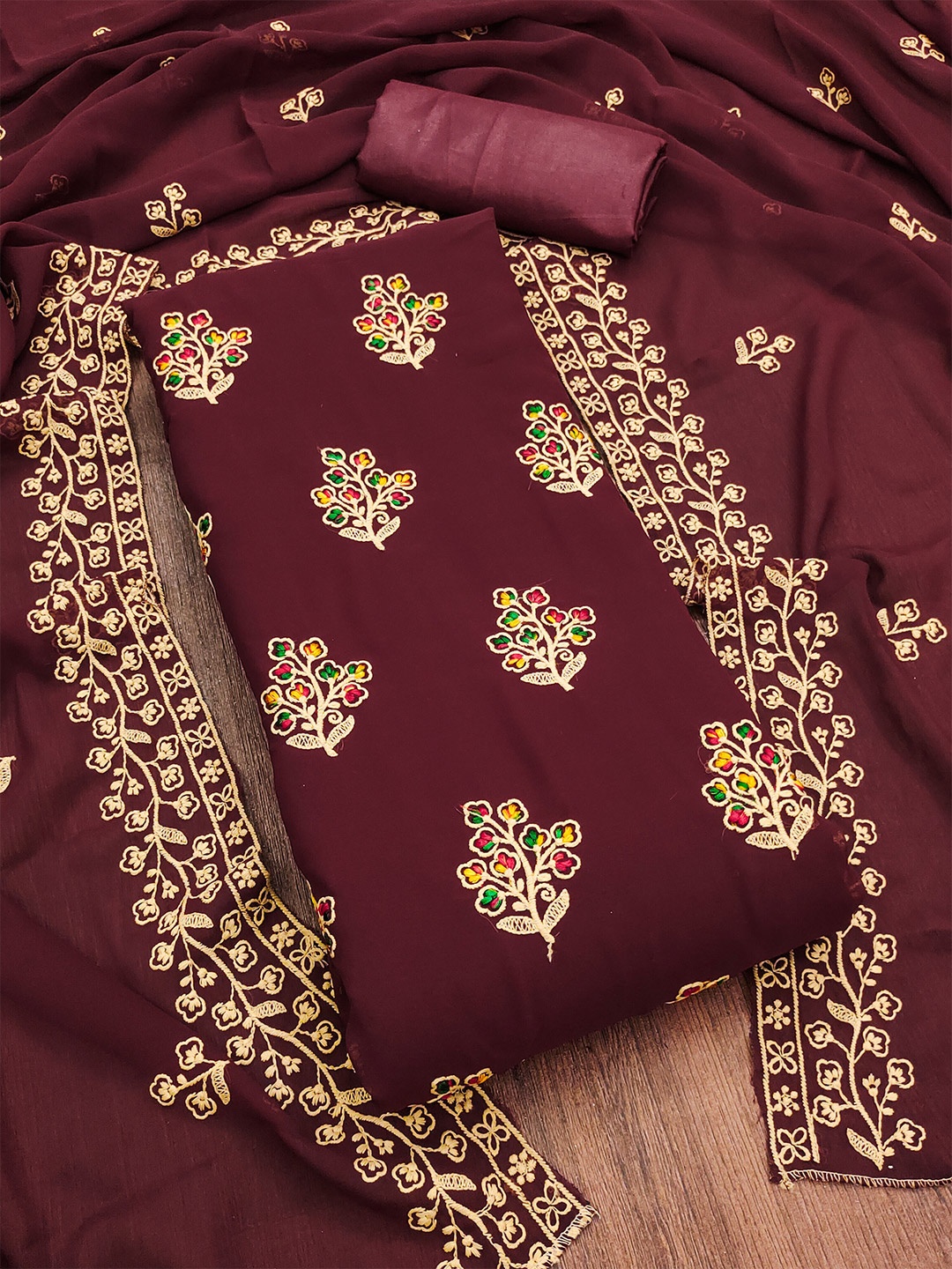 

KALINI Ethnic Motifs Embroidered Silk Georgette Unstitched Dress Material, Maroon
