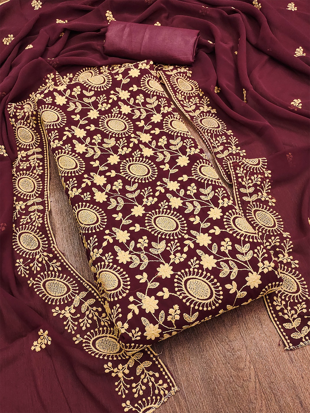 

KALINI Floral Embroidered Silk Georgette Unstitched Dress Material, Maroon