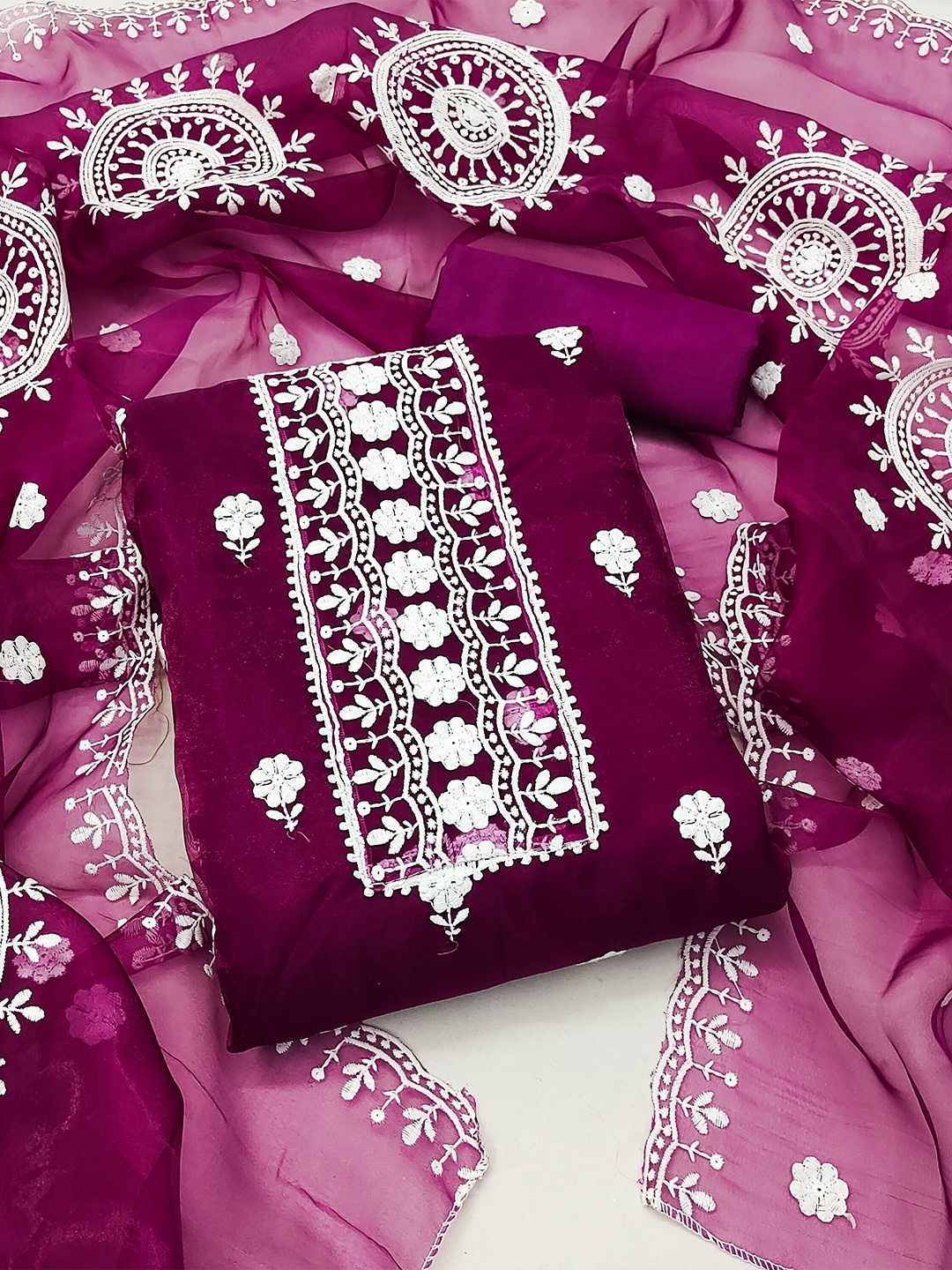 

KALINI Floral Embroidered Organza Unstitched Dress Material, Magenta
